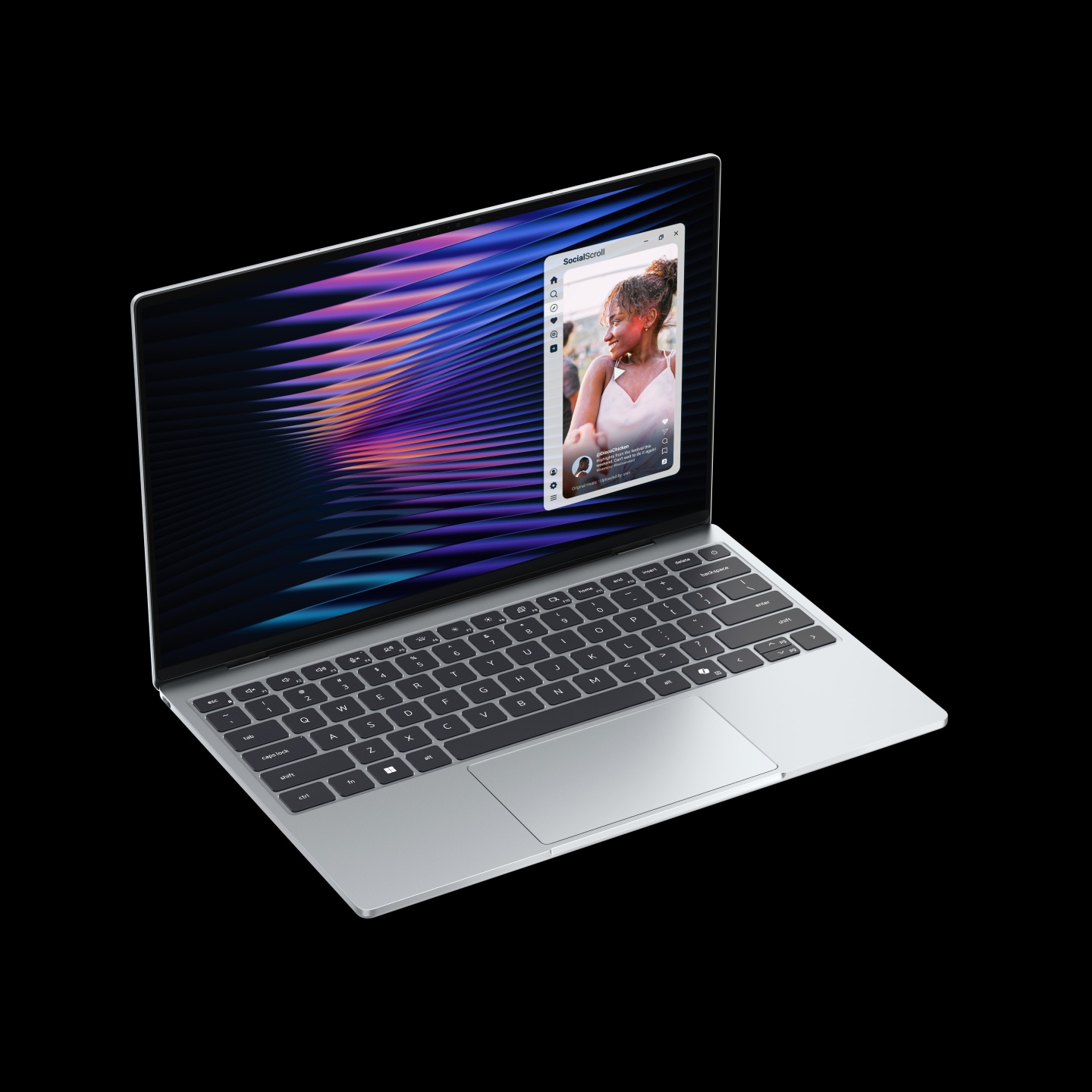 A silver, unbranded laptop displays a colorful, abstract pattern on the screen with a floating window showing a social media app and a person’s profile image.