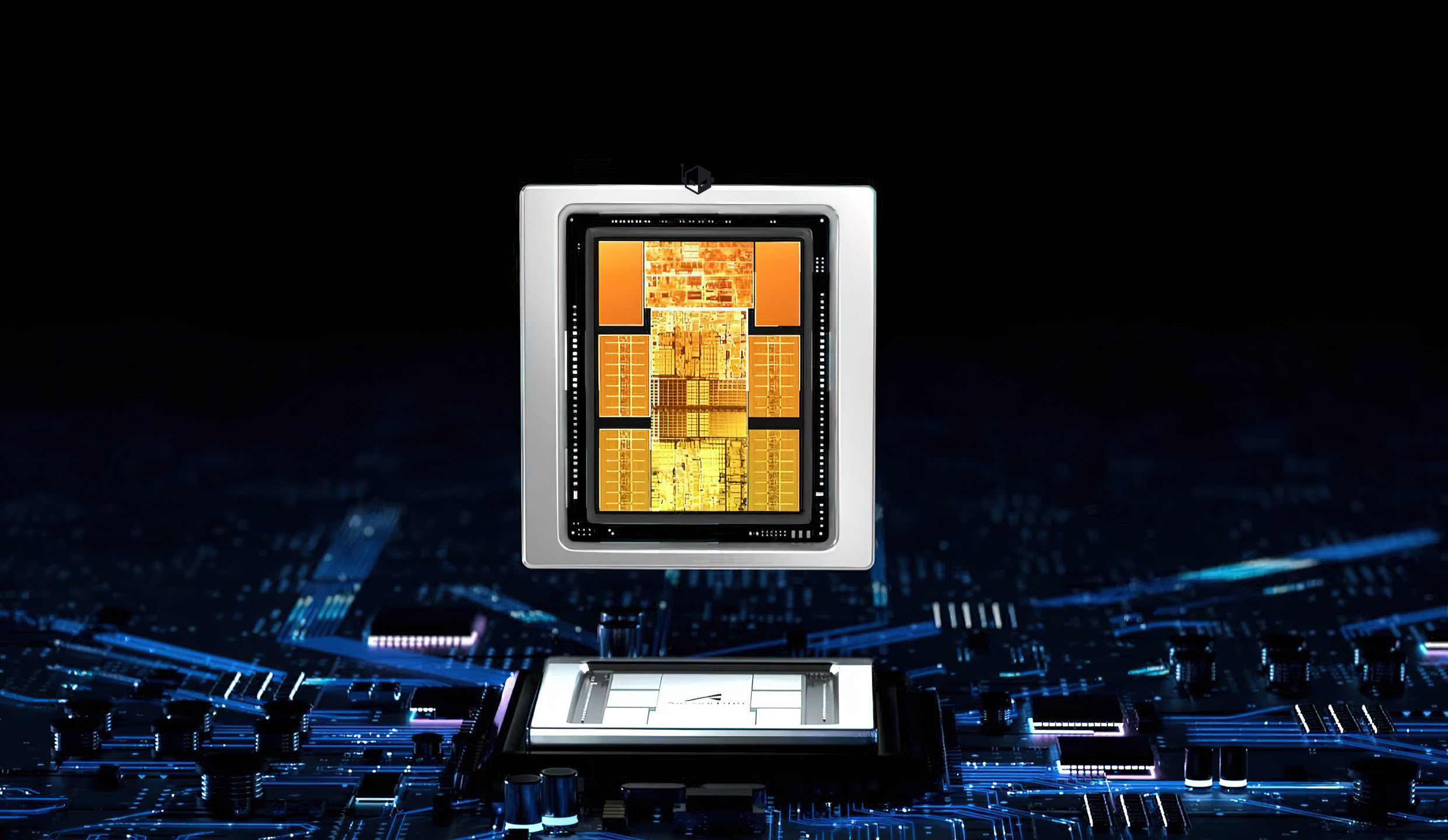 A close-up of a chip with intricate circuitry and orange and gold components, positioned above a motherboard in a dark, futuristic environment.