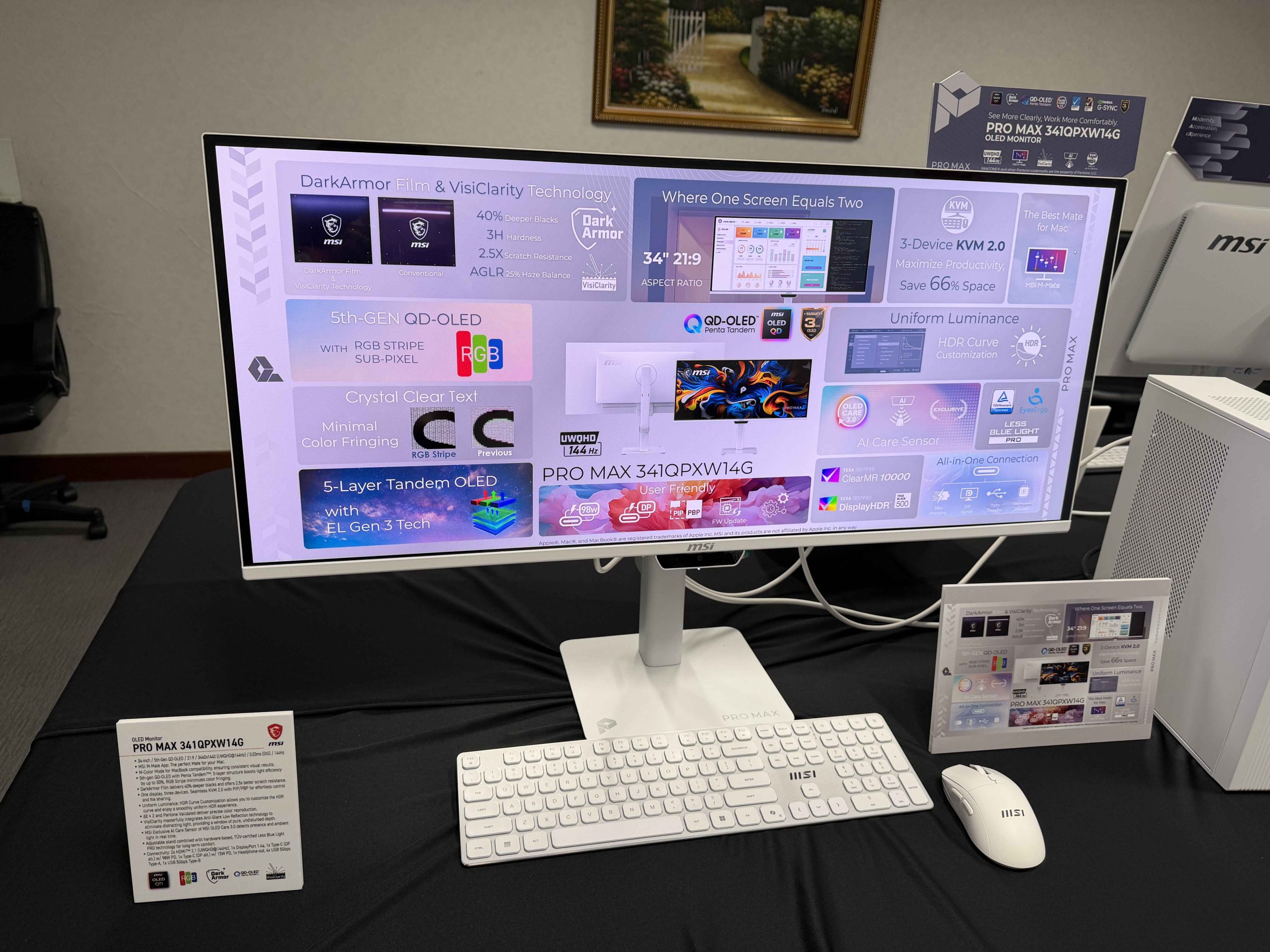 The MSI Pro Max 3410QPXW14G monitor is displayed with various feature highlights on screen, including '5th-Gen QD-OLED,' 'UWQHD 144 Hz,' and '3-Device KVM 2.0.'