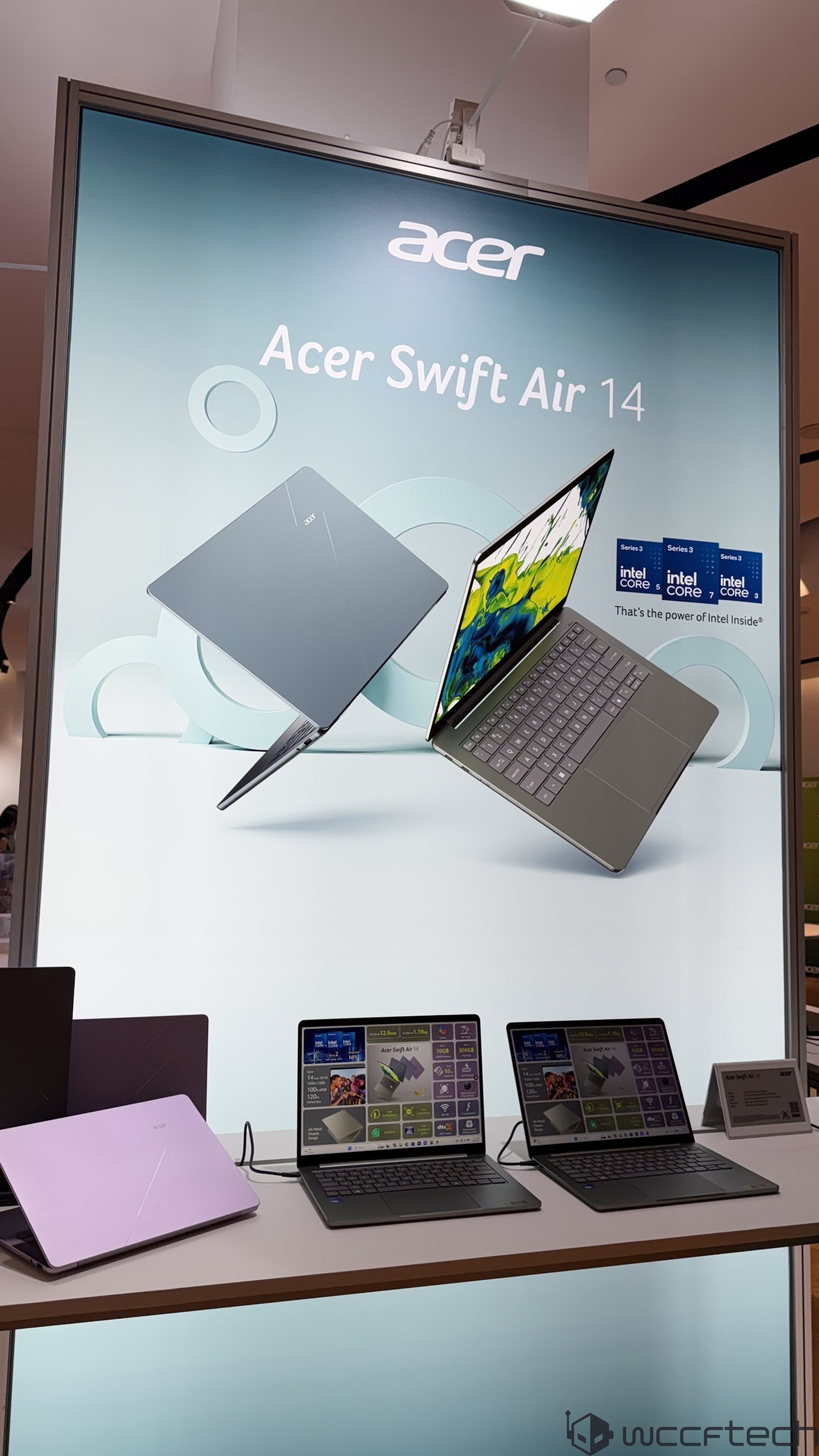 A display booth features the Acer Swift Air 14 laptops, highlighting models with 'Intel Core' i3, i5, and i7 processors.