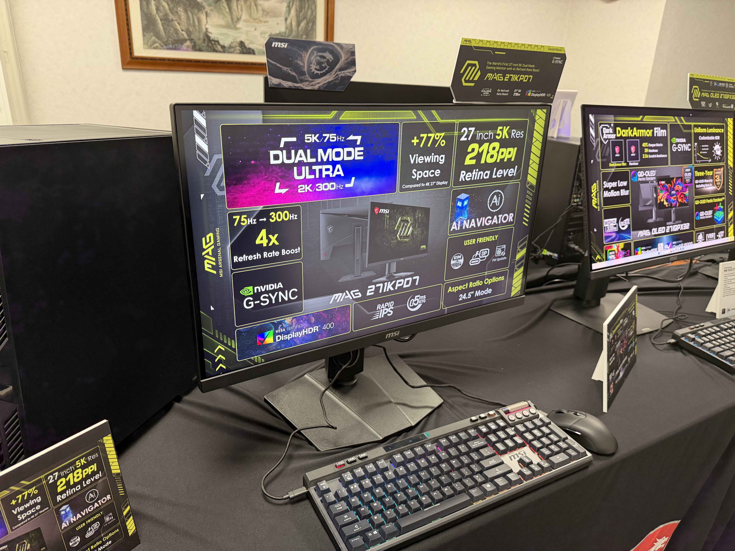 An MSI MAG 321KGP monitor displays features like 'Dual Mode Ultra,' '5K 75Hz,' '2K 300Hz,' along with NVIDIA G-SYNC and DisplayHDR 400 support.