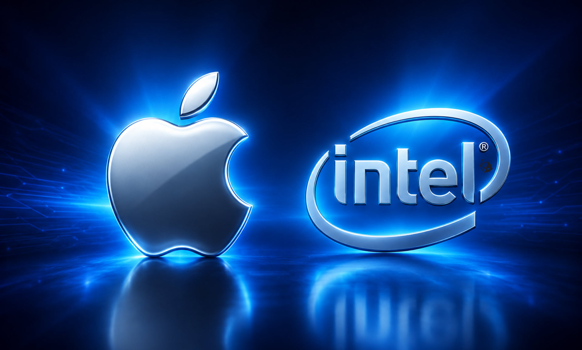 Apple and Intel logos on a blue digital background, glowing prominently.