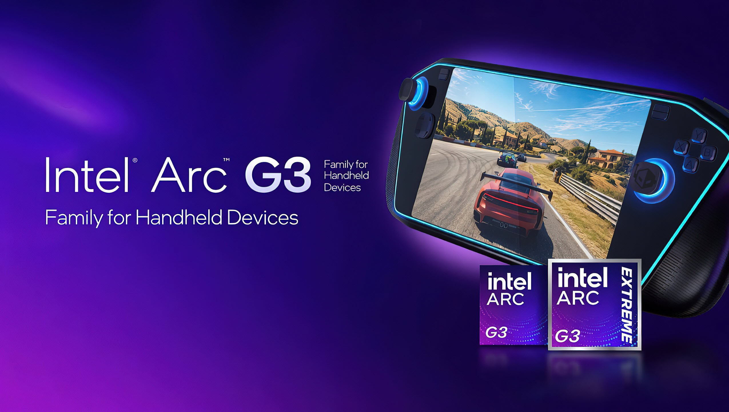 A gaming handheld displays a racing game, accompanied by Intel Arc G3 branding with the text 'Family for Handheld Devices'.