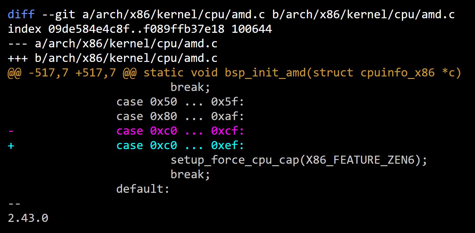 A code diff highlights changes in the file path 'arch/x86/kernel/cpu/amd.c', modifying a case range from '0xc0 ... 0xcf' to '0xc0 ... 0xef'.