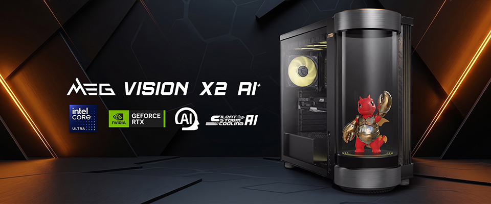 A futuristic computer case labeled MEG VISION X2 AI with Intel Core Ultra and NVIDIA GeForce RTX logos, featuring a dragon figure inside.