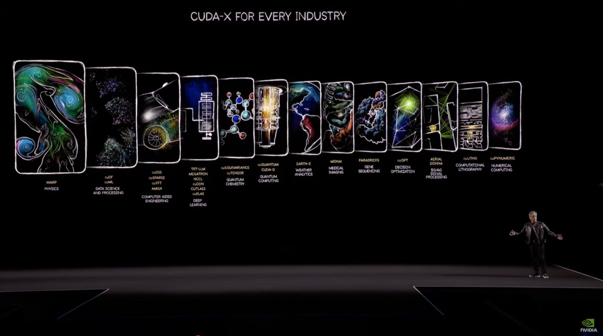 A presentation titled 'CUDA-X for Every Industry' features various applications such as data science, quantum chemistry, and gene sequencing, with a presenter on stage and an NVIDIA logo in the corner.