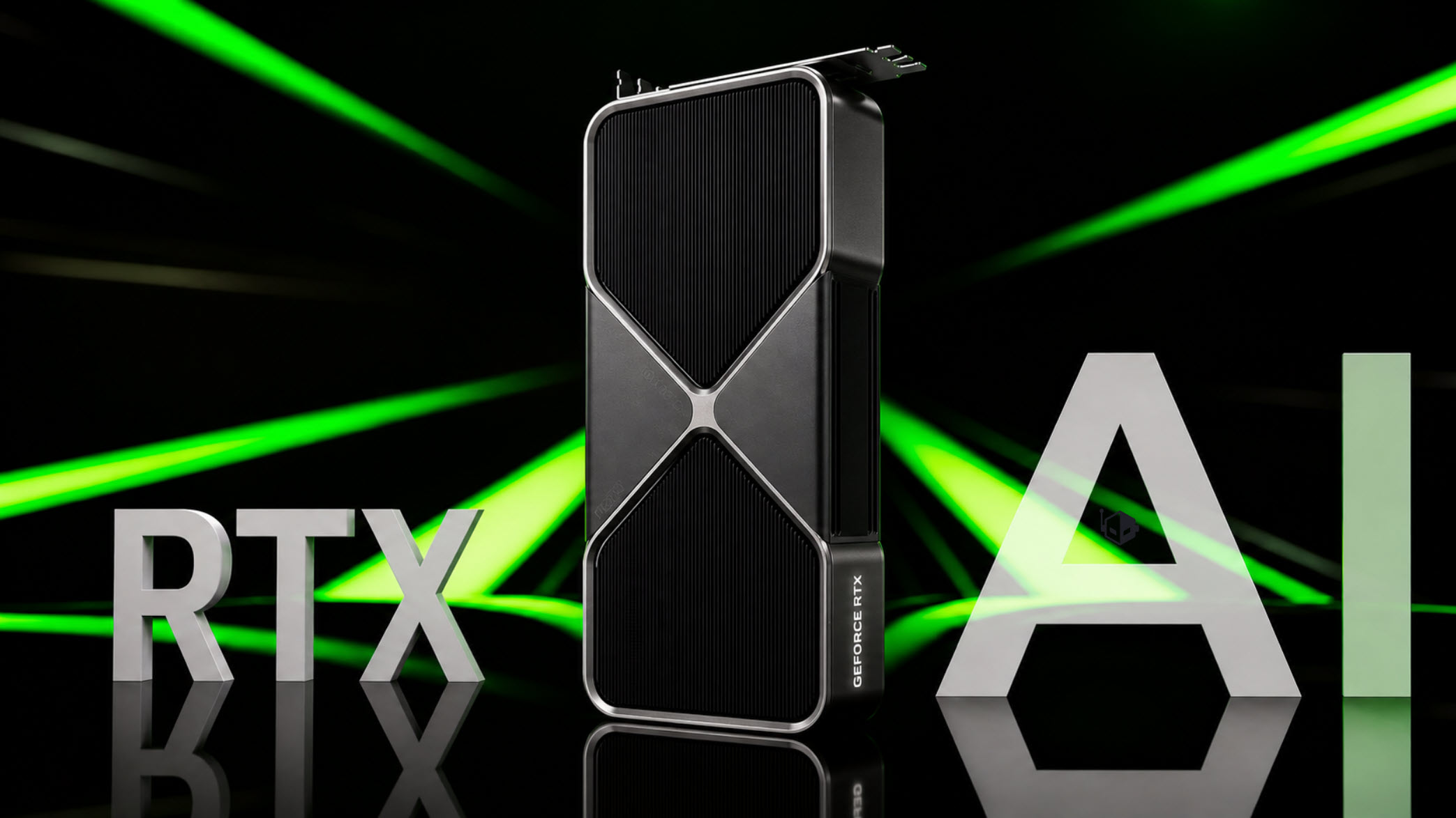 The GeForce RTX graphics card is displayed between large letters 'RTX' and 'AI' with green light beams in the background.