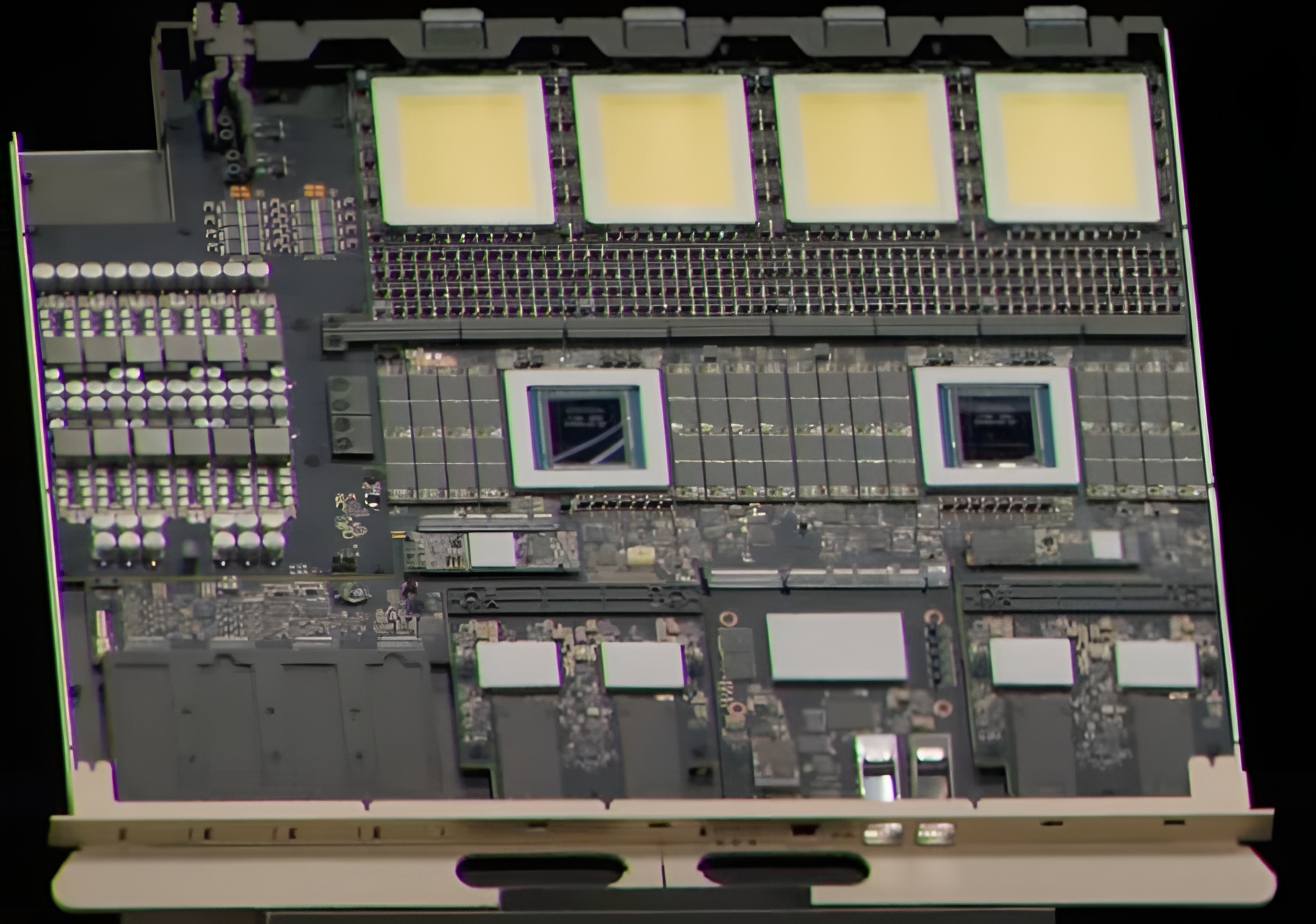 A close-up view of the internal components of a circuit board featuring dual NVIDIA GPUs and multiple other electronic elements.