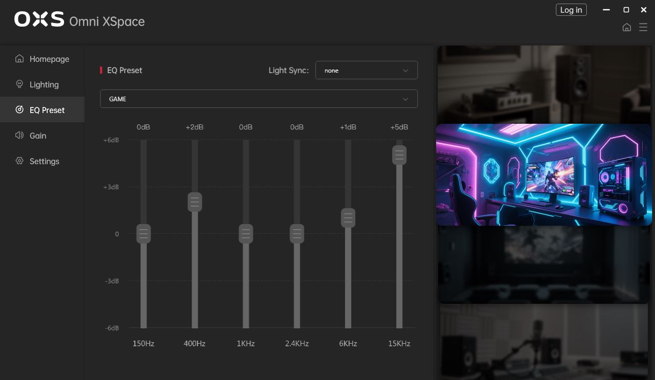 The image shows the OXS Omni XSpace software interface with an 'EQ Preset' set to 'GAME,' featuring a frequency slider and a small preview of a neon-lit gaming setup with a monitor displaying a game.