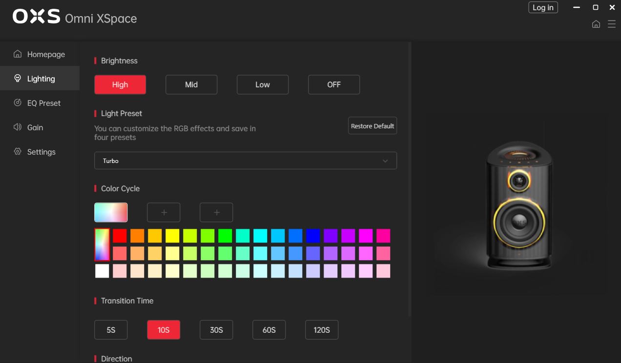 The image shows the OXS Omni XSpace software interface with lighting settings including 'High' brightness, a 'Turbo' light preset, a customizable color cycle, and an adjustable transition time of '10S', alongside an illuminated speaker on the right.