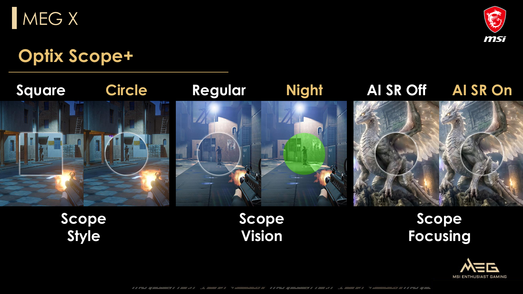 An MSI MEG X presentation slide titled 'Optix Scope+' showcases various scope styles ('Square,' 'Circle'), scope visions ('Regular,' 'Night'), and AI features ('AI SR Off,' 'AI SR On').