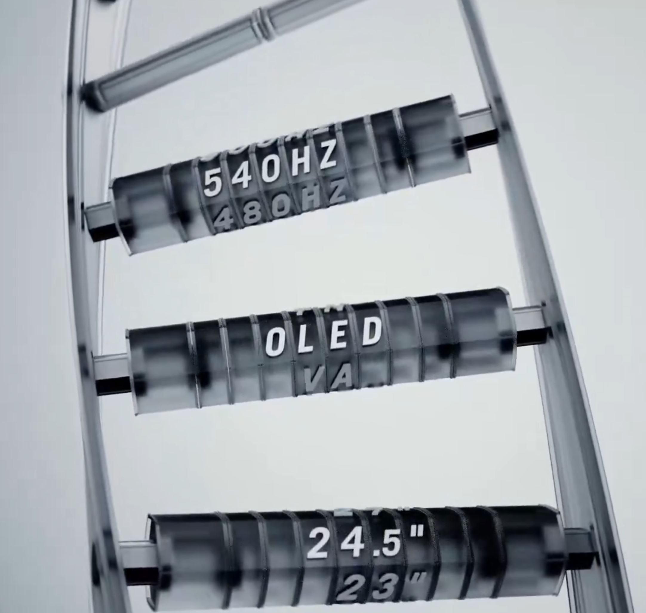 A close-up image shows rotating display elements with the text '540Hz,' 'OLED,' and '24.5' on clear cylinders.