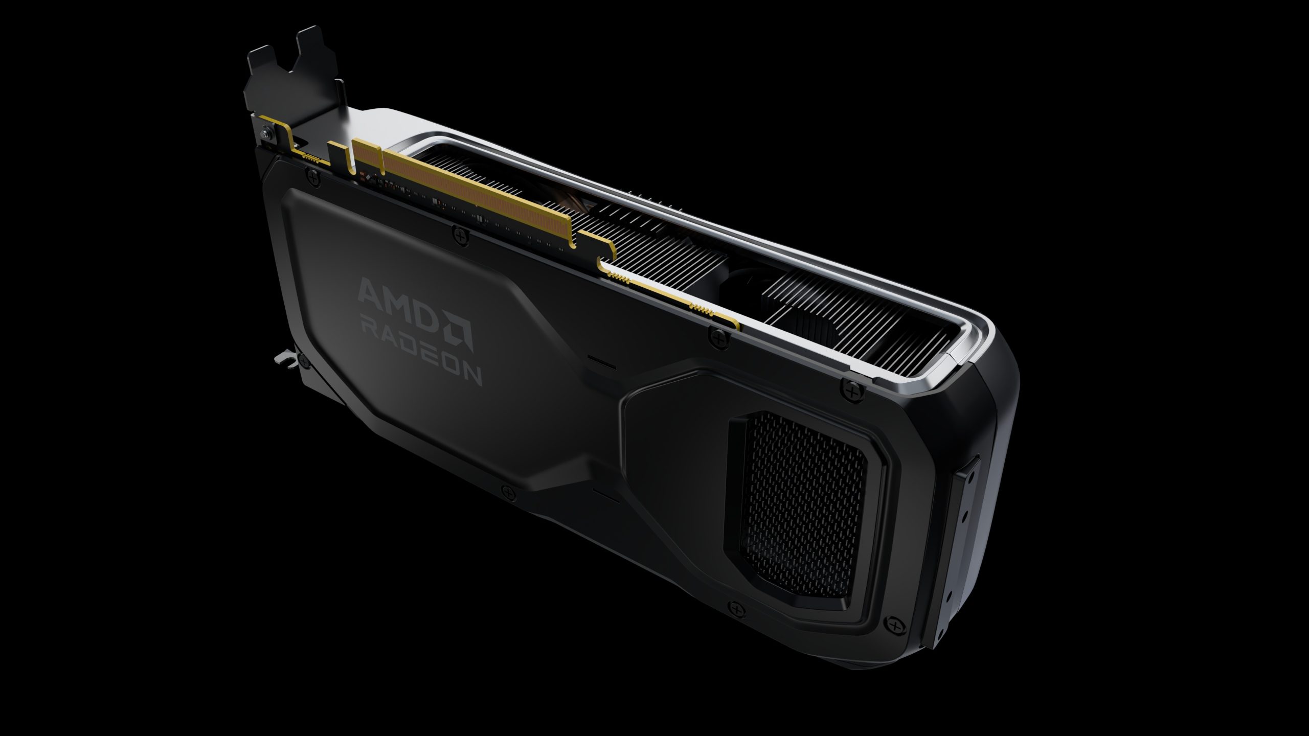 An AMD Radeon graphics card with visible cooling vents and the logo prominently displayed on its side.
