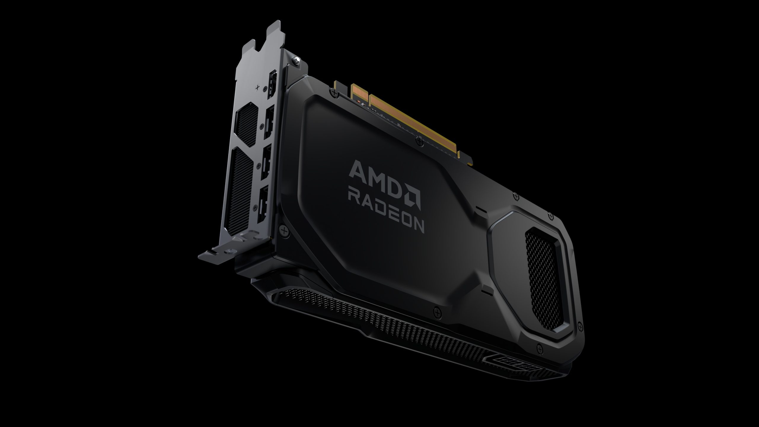 A black AMD Radeon graphics card is shown with visible HDMI and DisplayPort connectors on a dark background.