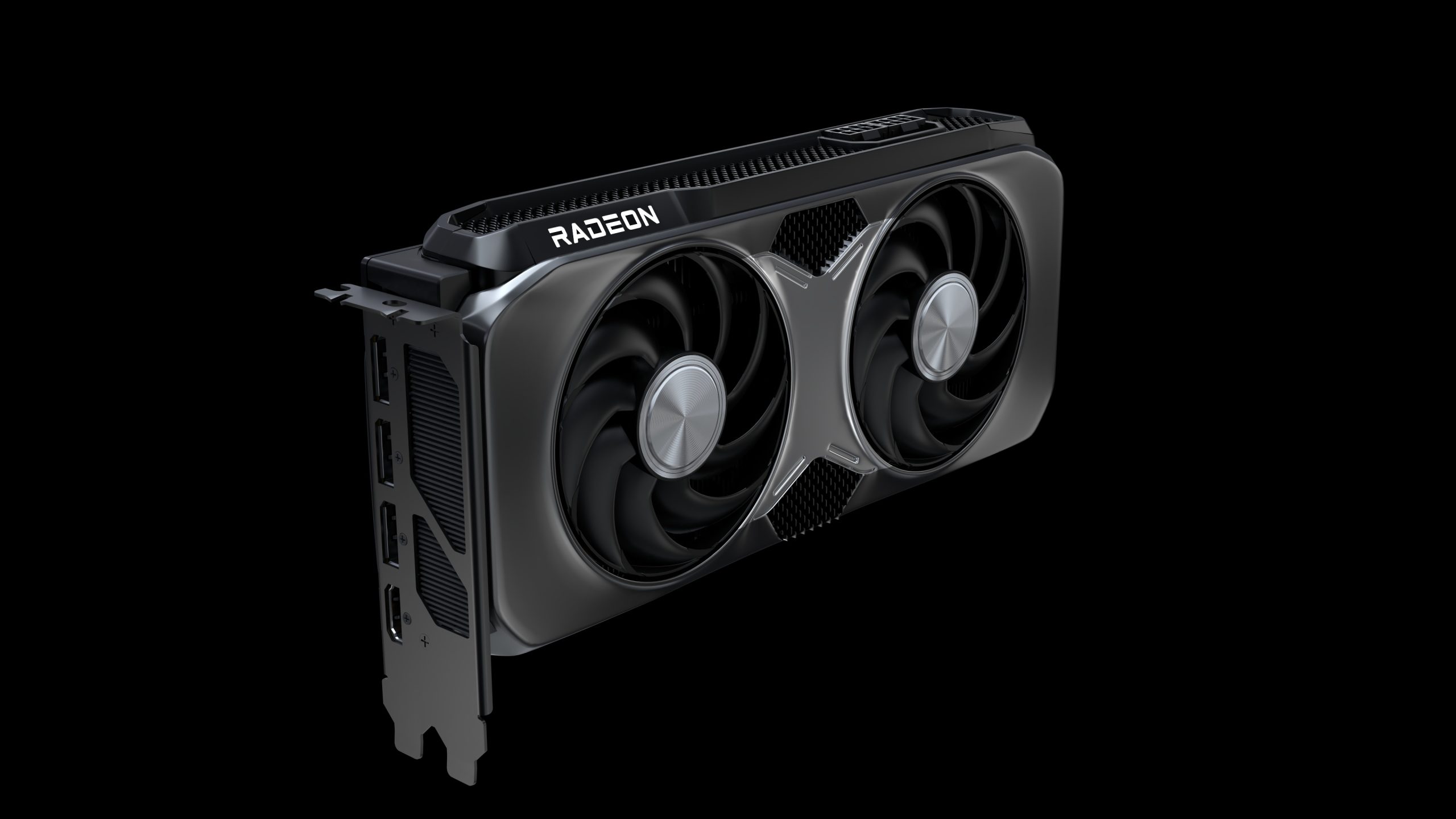 A close-up of an AMD Radeon graphics card with dual fans and multiple display ports.