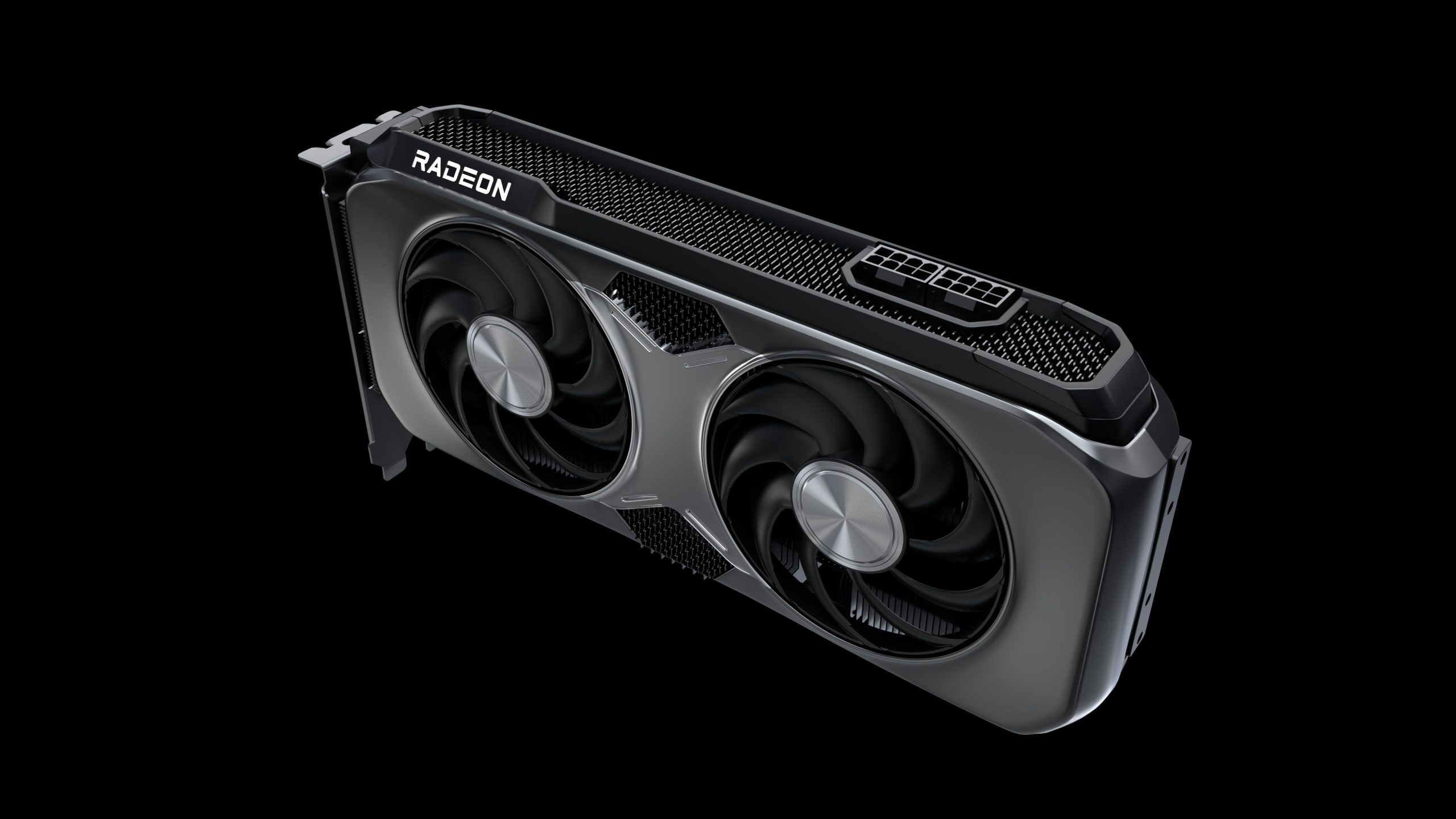 The image shows an AMD Radeon graphics card with dual fans and a visible 'RADEON' logo on a black background.