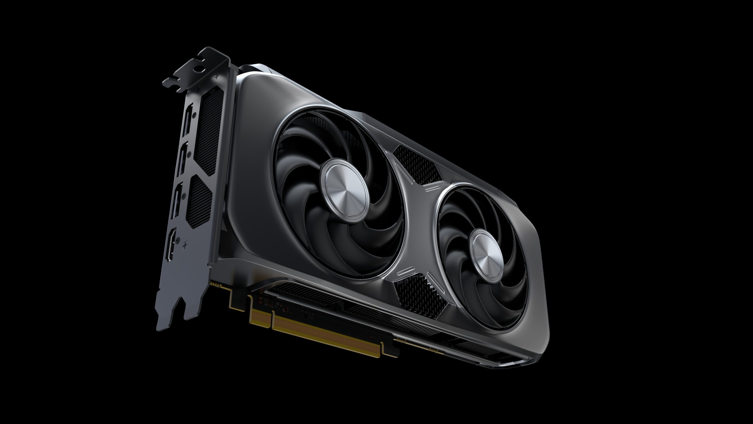 A dual-fan NVIDIA graphics card with a silver accent, featuring three DisplayPort and one HDMI port, angled against a black background.