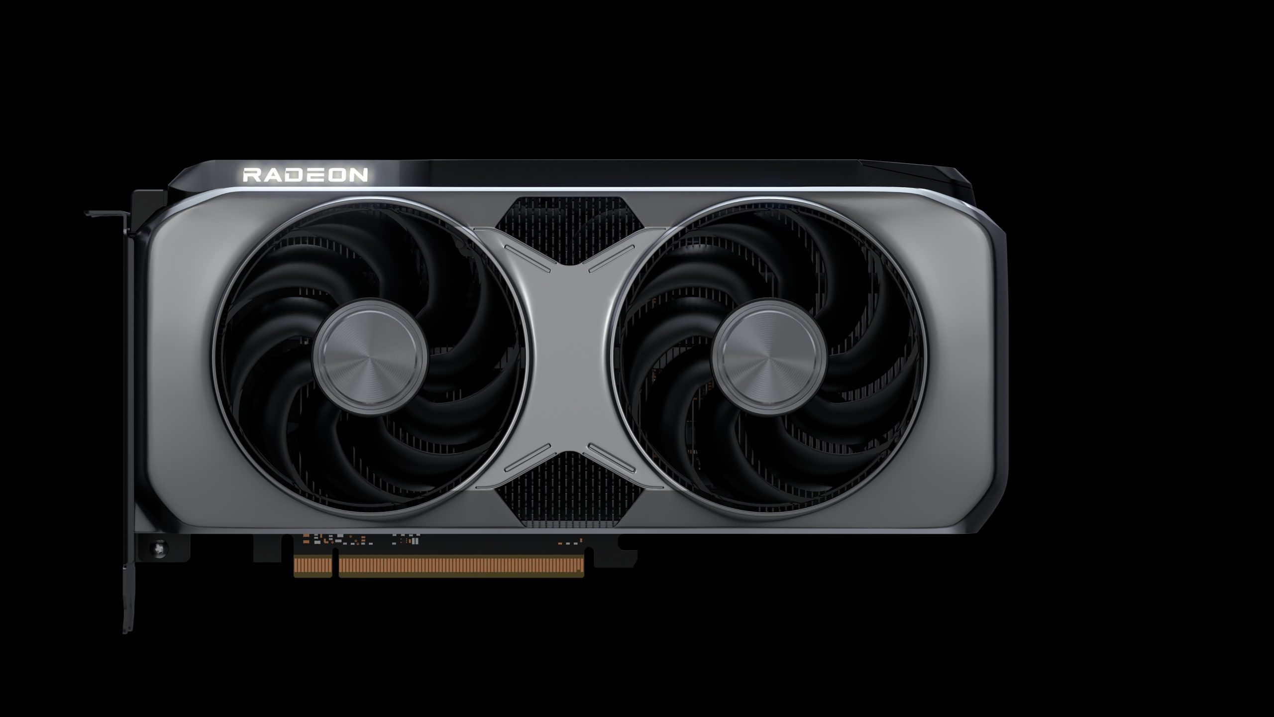 An AMD Radeon graphics card with dual-fan cooling and a PCIe interface is shown against a black background.
