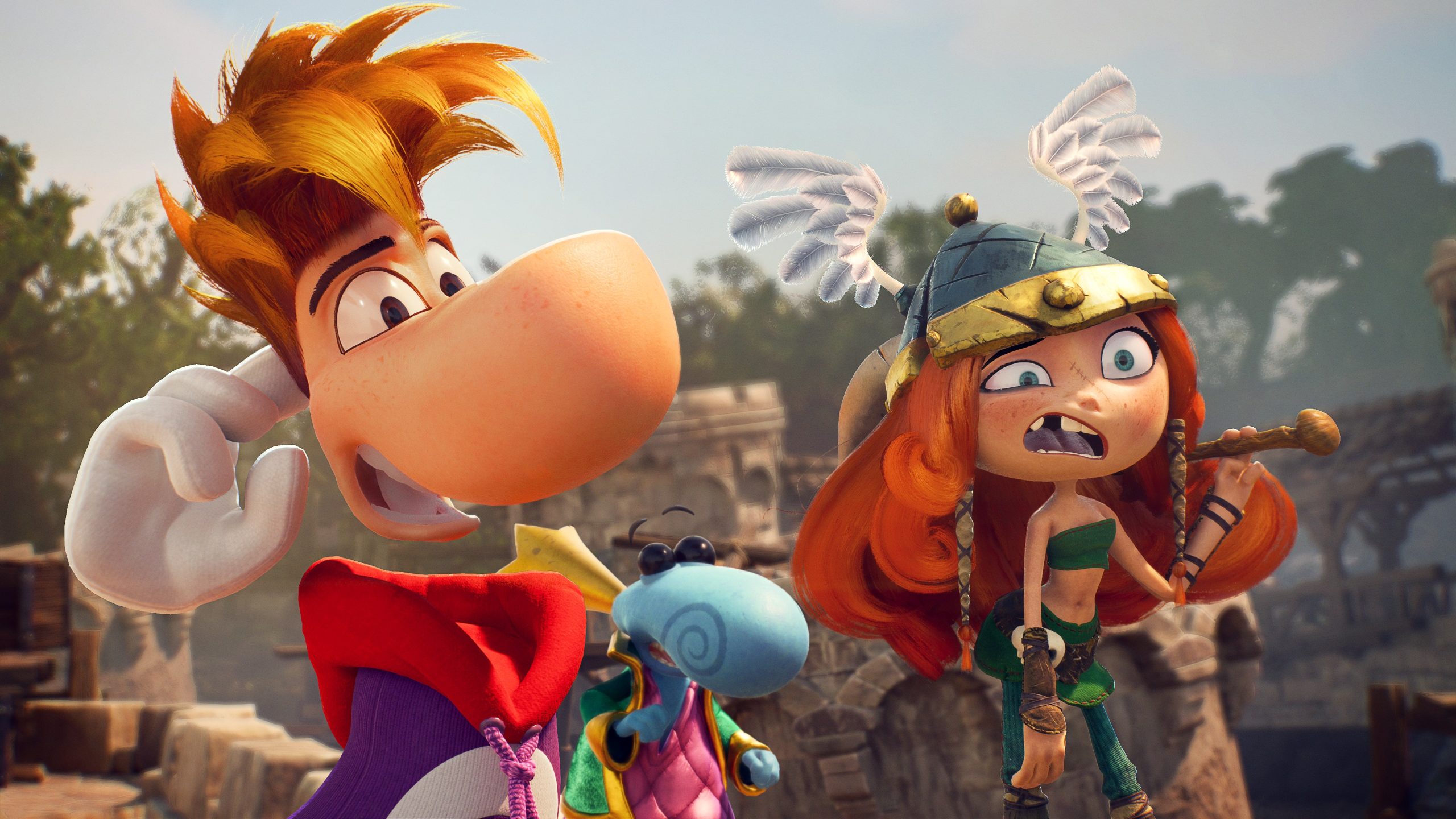 Characters from the video game Rayman Legends, including Rayman, Globox, and Barbara, are shown in an animated, outdoor setting.