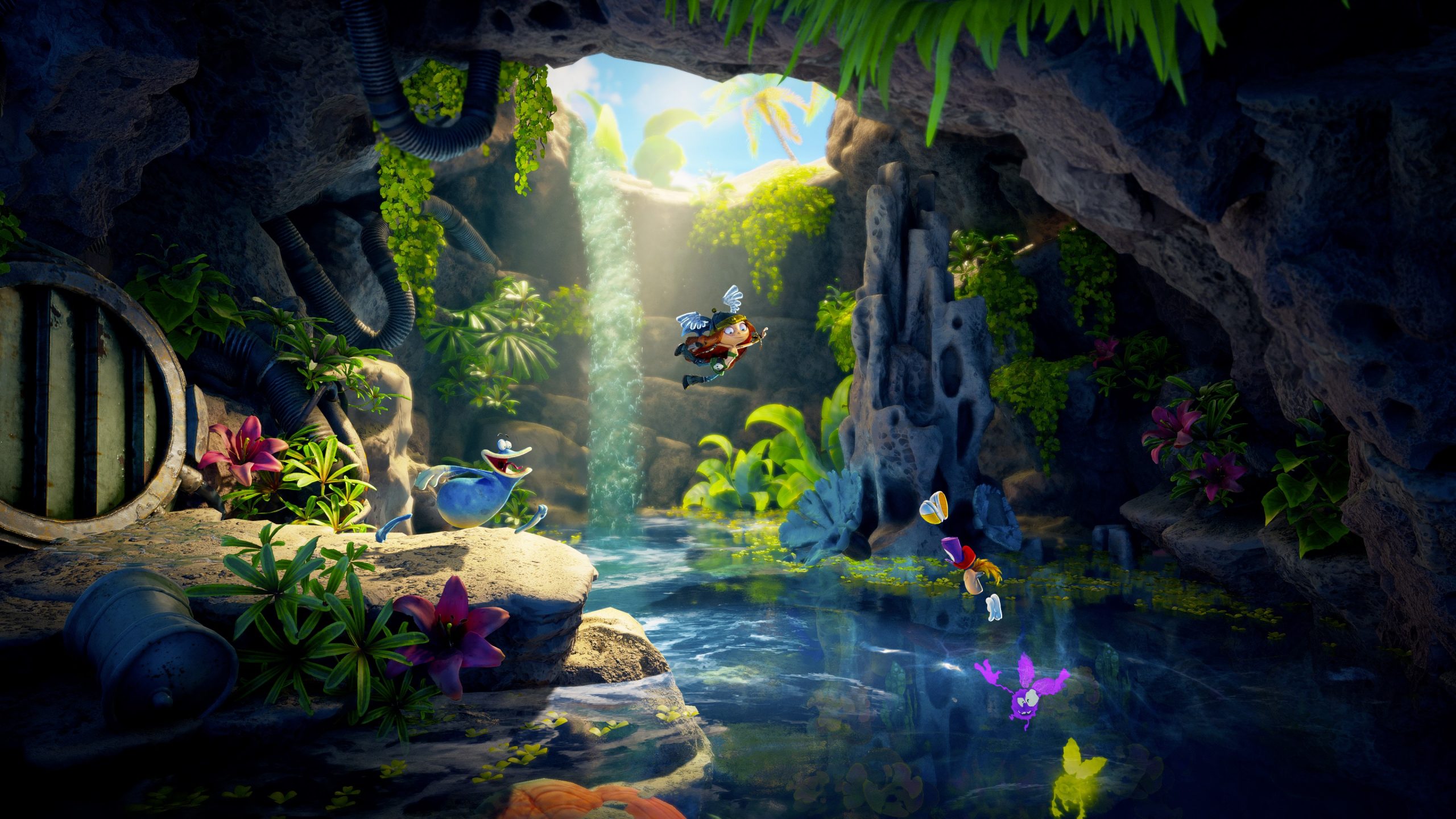 A character with wings explores a lush cave environment next to a waterfall in the game Rayman Legends Retold.