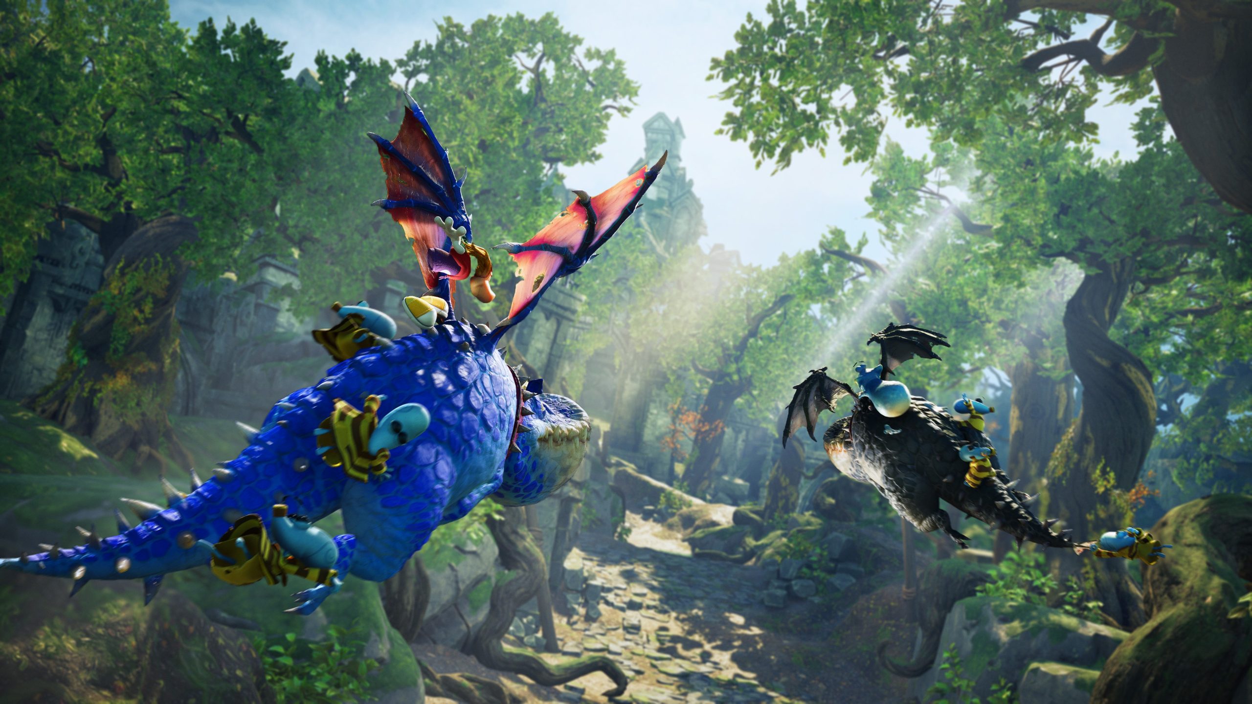 Two colorful dragons flying through a lush forest scene in the game Rayman Legends Retold.