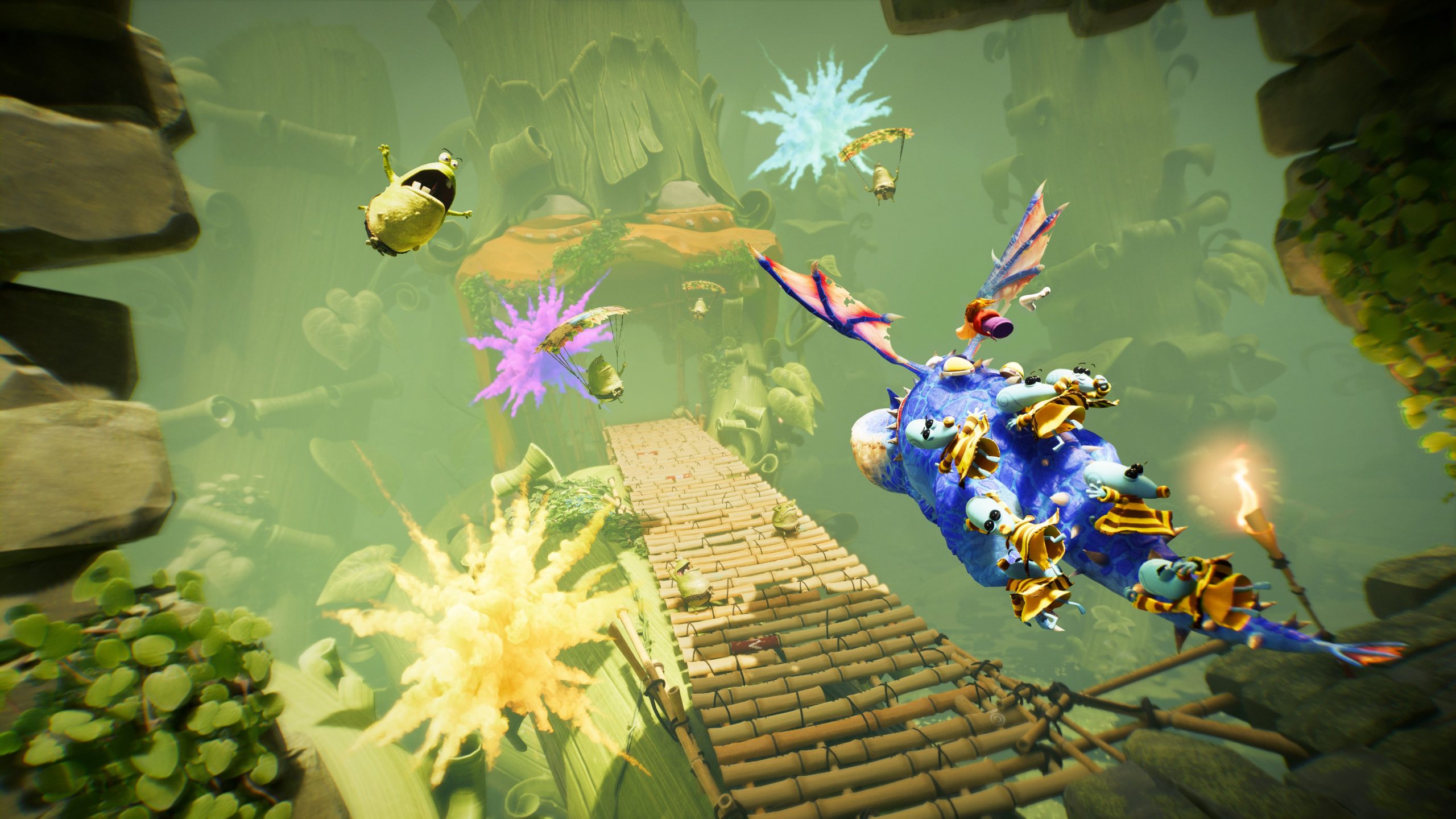 A colorful, winged creature with a rider flies over a wooden bridge while small, parachuting figures descend in a lush, whimsical landscape.