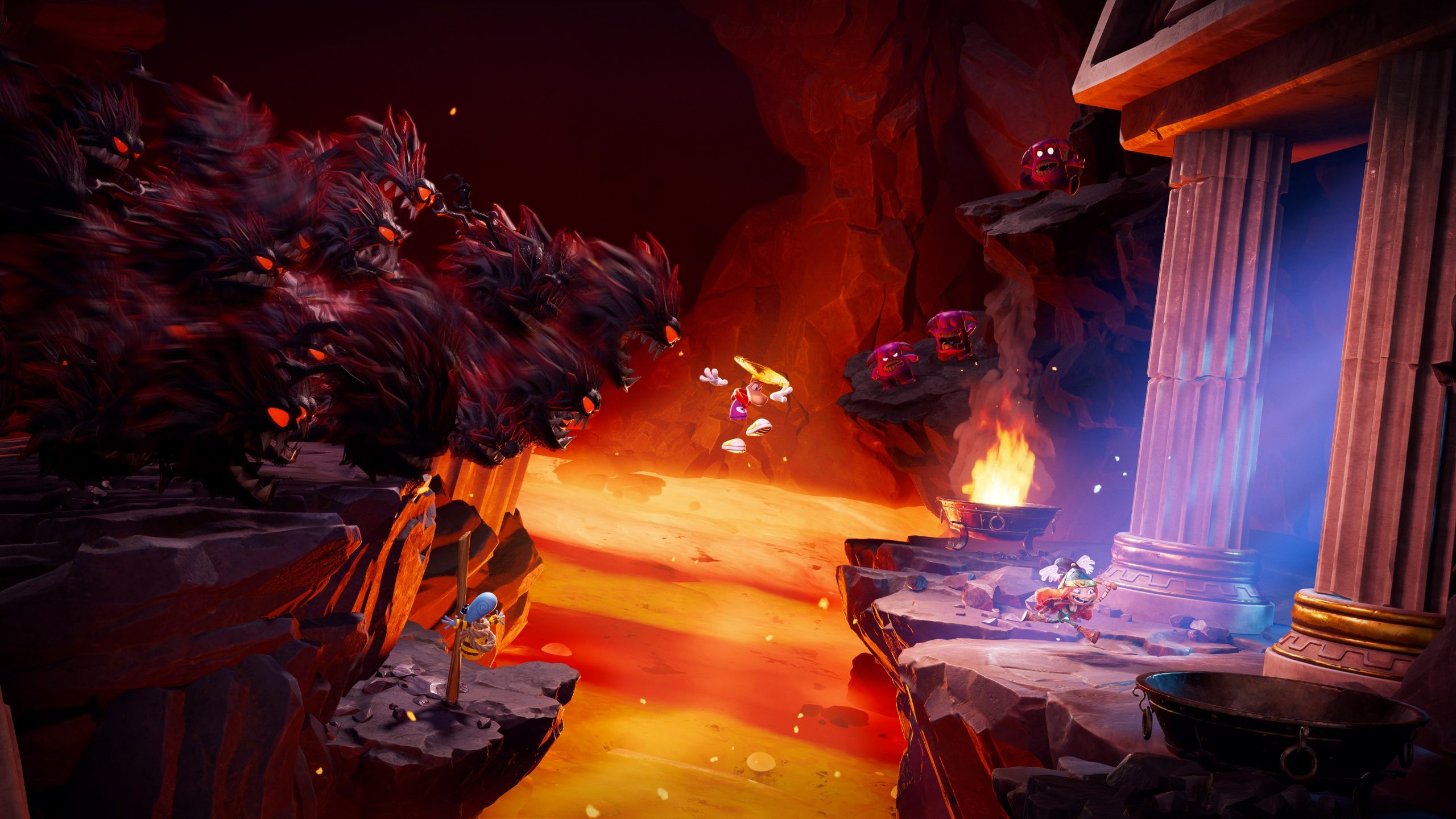 A scene from the game 'Rayman Legends Retold' shows Rayman jumping over a fiery chasm as dark, menacing creatures approach from the left in a cavernous, illuminated setting.