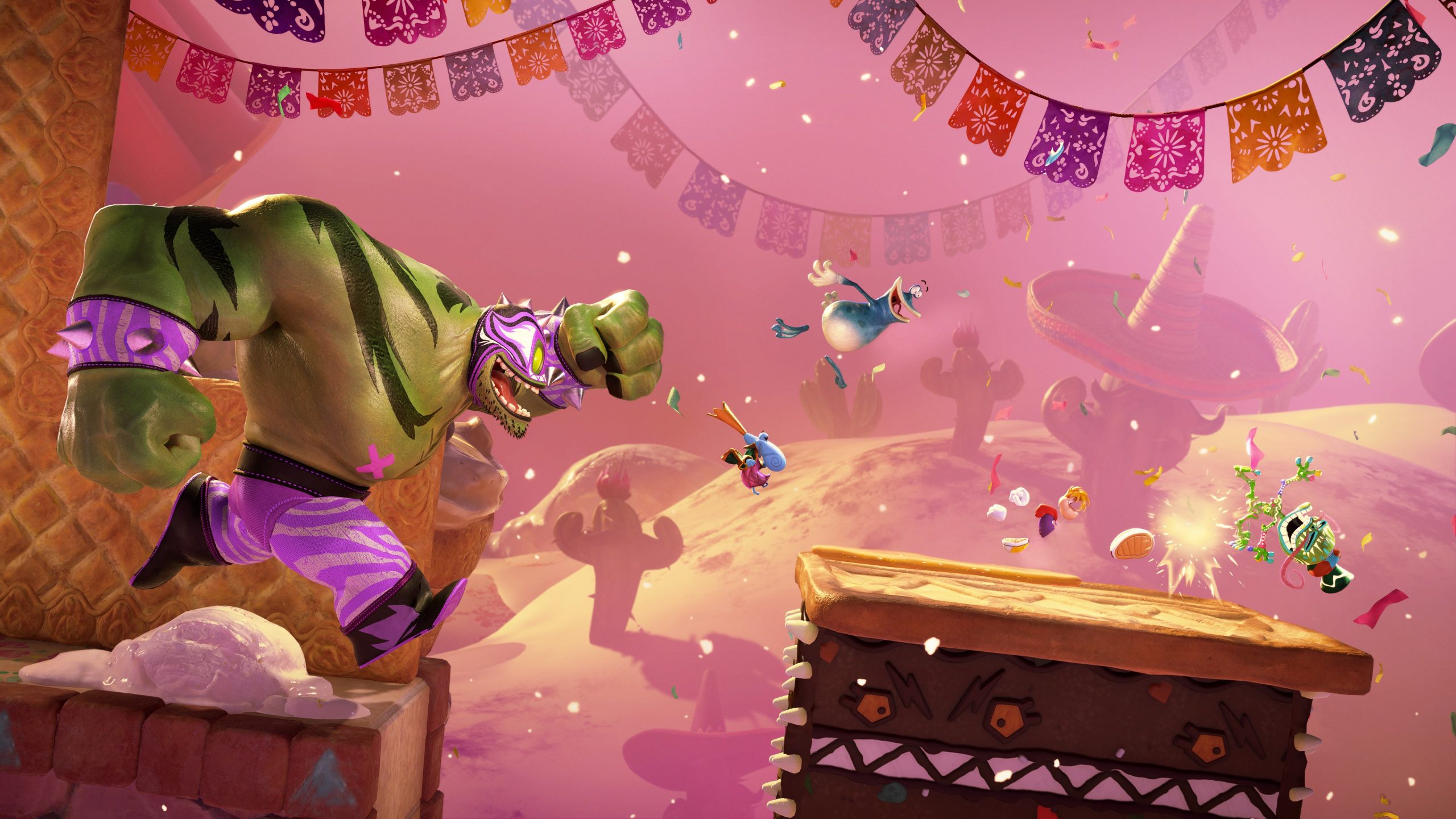 A green luchador character punching in a colorful desert-themed level in the game Rayman Legends Retold.