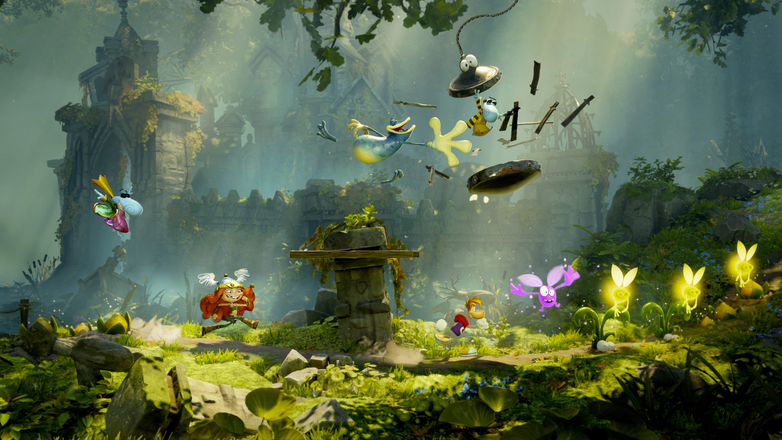 Characters from the game Rayman Legends Retold are navigating through a lush, mystical forest environment with whimsical creatures and ancient ruins.