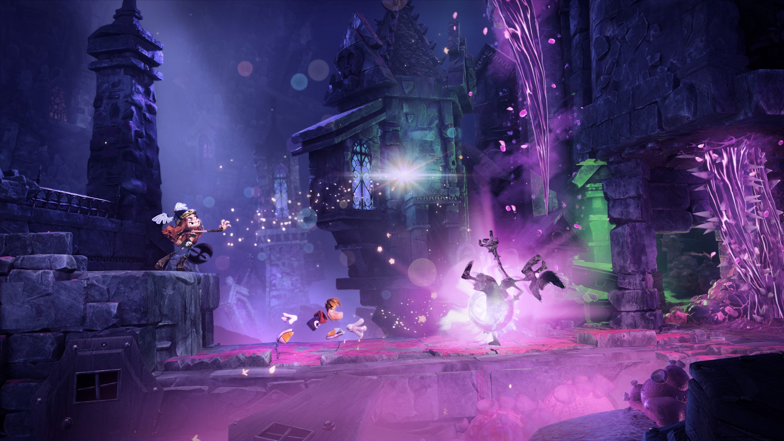 A scene from the game 'Rayman Legends Retold' featuring Rayman and another character in a mystical, castle-like environment with glowing purple and green lights.