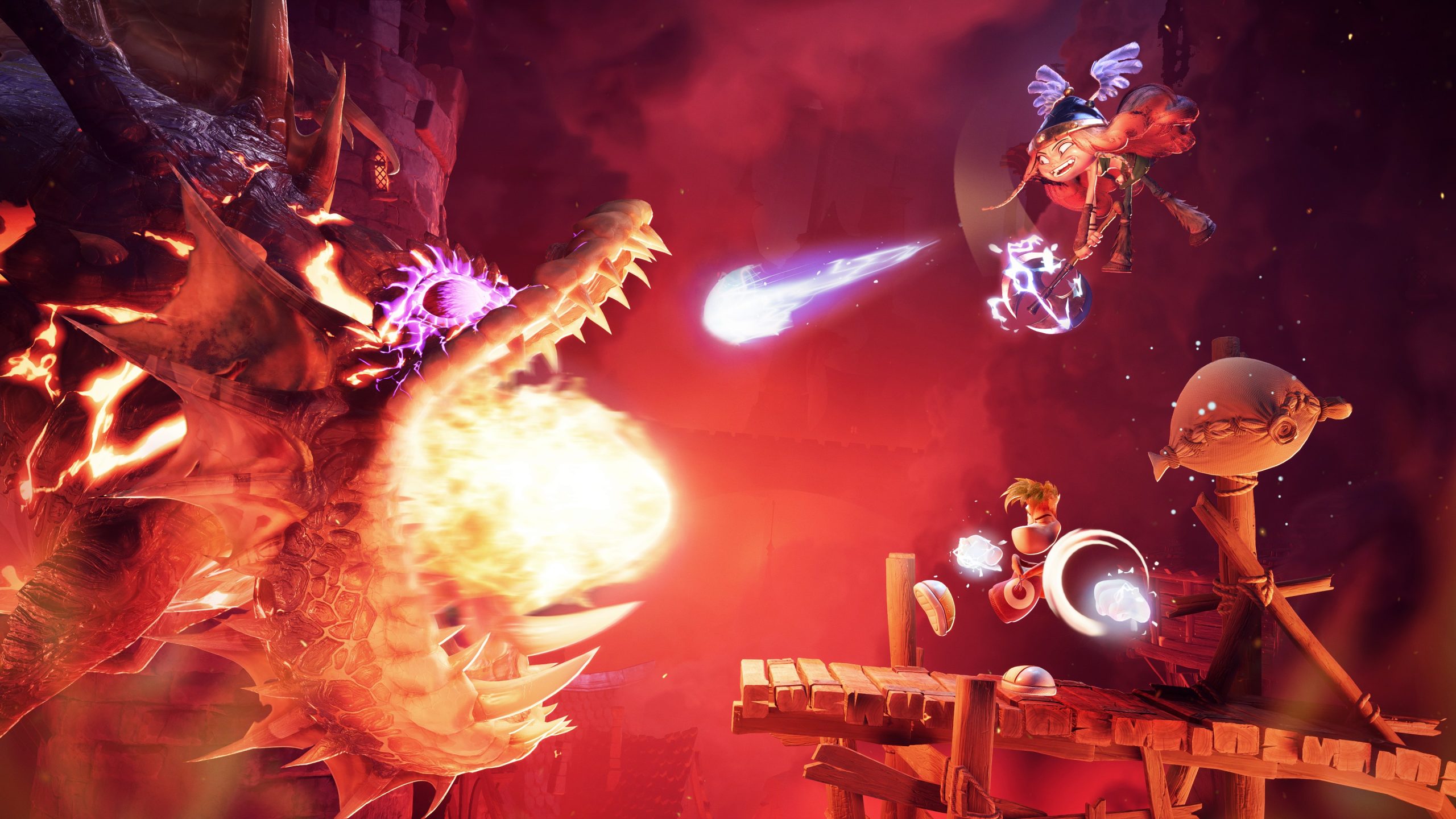 A scene from the game 'Rayman Legends Retold' shows Rayman dodging a fire-breathing dragon while another character attacks the dragon with a glowing axe.
