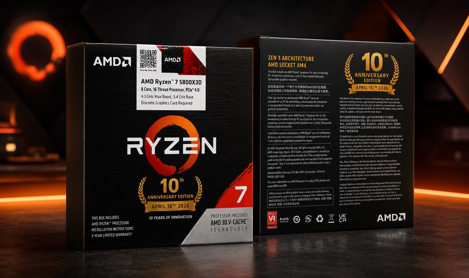 AMD Ryzen 7 5800X3D 10th Anniversary Edition packaging on display with specifications including 8 cores, 16 threads, and 4.5 GHz max boost.