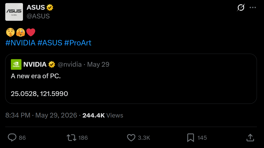 A tweet from ASUS retweets NVIDIA's statement 'A new era of PC' with coordinates '25.0528, 121.5990' and hashtags #NVIDIA #ASUS #ProArt.