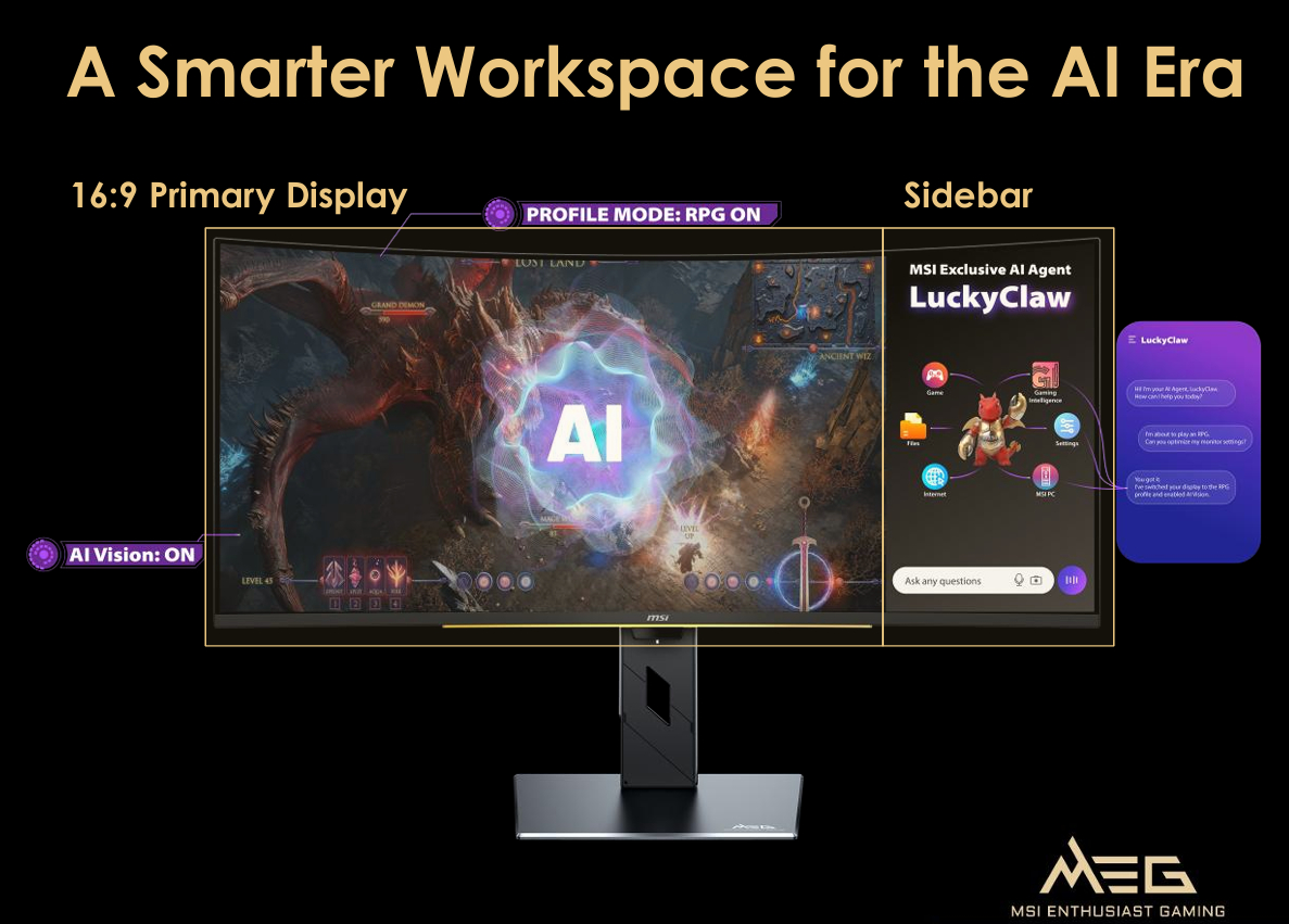 A computer monitor displays a dragon battle scene with 'AI Vision: ON' and 'PROFILE MODE: RPG ON', alongside an MSI Exclusive AI Agent sidebar labeled LuckyClaw.
