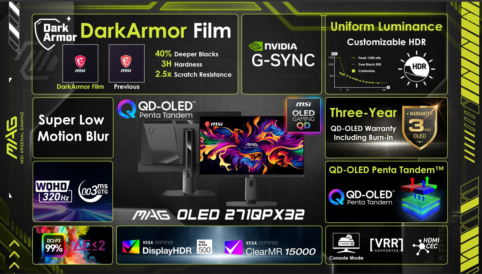 The image showcases the MSI MAG OLED 271IQPX32 monitor featuring DarkArmor Film, NVIDIA G-SYNC, QD-OLED Penta Tandem technology, 320Hz WQHD resolution, 'Super Low Motion Blur', and a three-year warranty.