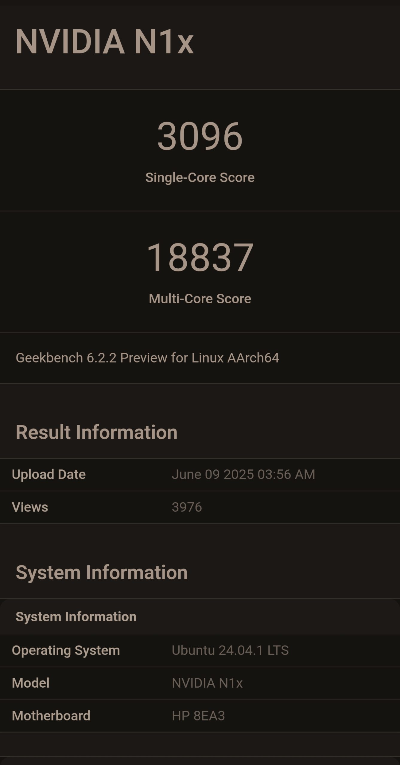 The Geekbench 6.2.2 preview for Linux AArch64 displays the NVIDIA N1x with a single-core score of 3096 and a multi-core score of 18837, running on Ubuntu 24.04.1 LTS with an HP 8EA3 motherboard.
