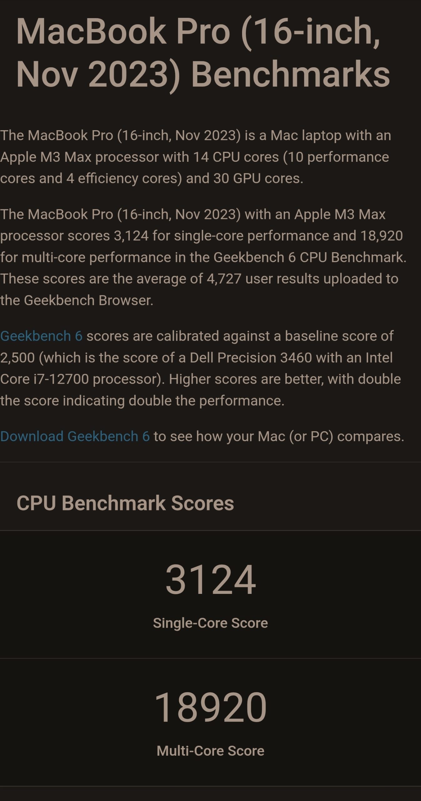 The image shows Geekbench 6 benchmark scores for the MacBook Pro (16-inch, Nov 2023) with an Apple M3 Max processor, displaying a single-core score of 3124 and a multi-core score of 18920.