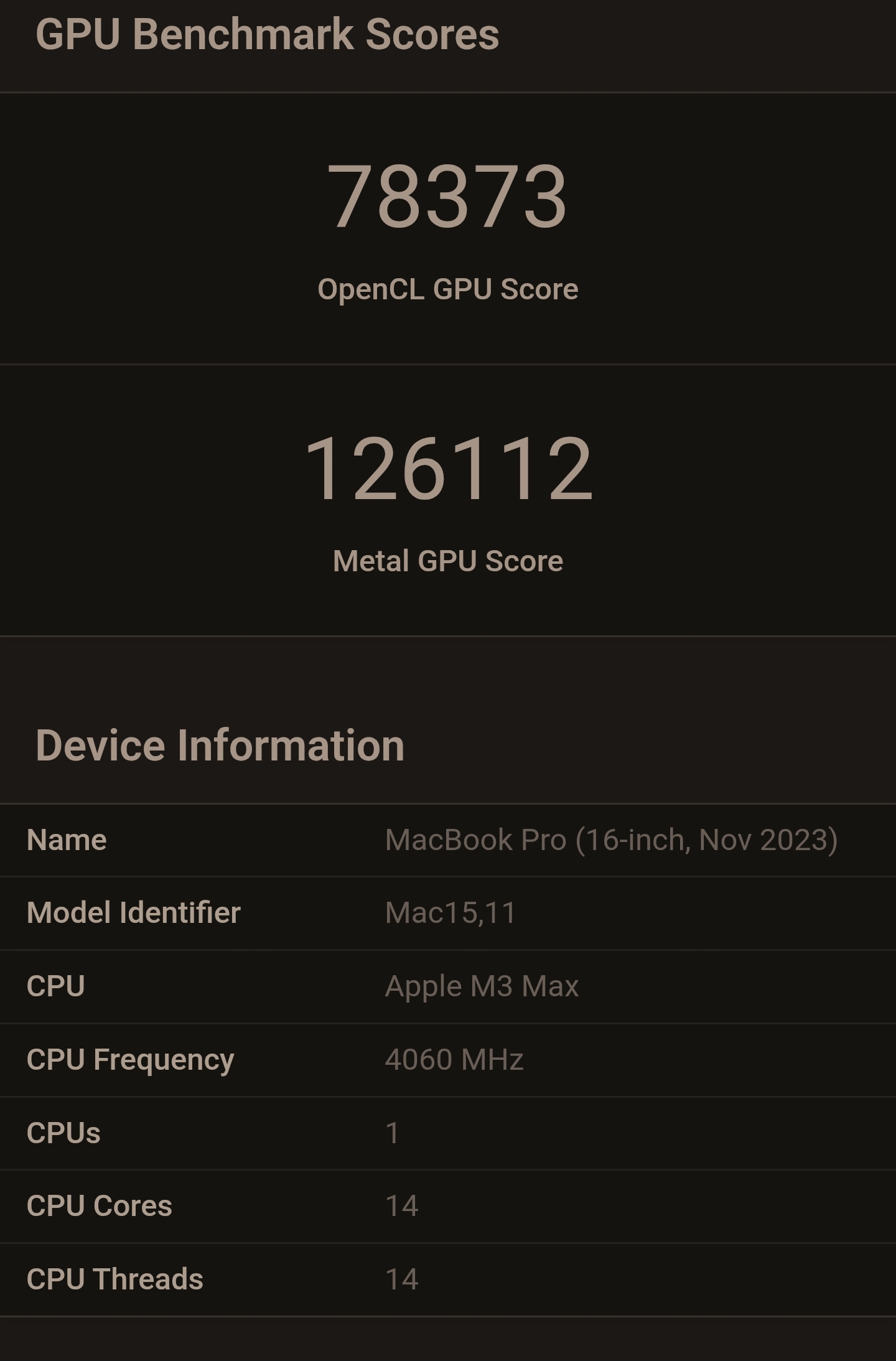 The image shows GPU benchmark scores for a MacBook Pro (16-inch, Nov 2023) with Apple M3 Max CPU, displaying '78373' OpenCL GPU Score and '126112' Metal GPU Score, alongside device information indicating 'Mac15,11' model identifier, '4060 MHz' CPU frequency, and '14' CPU cores.