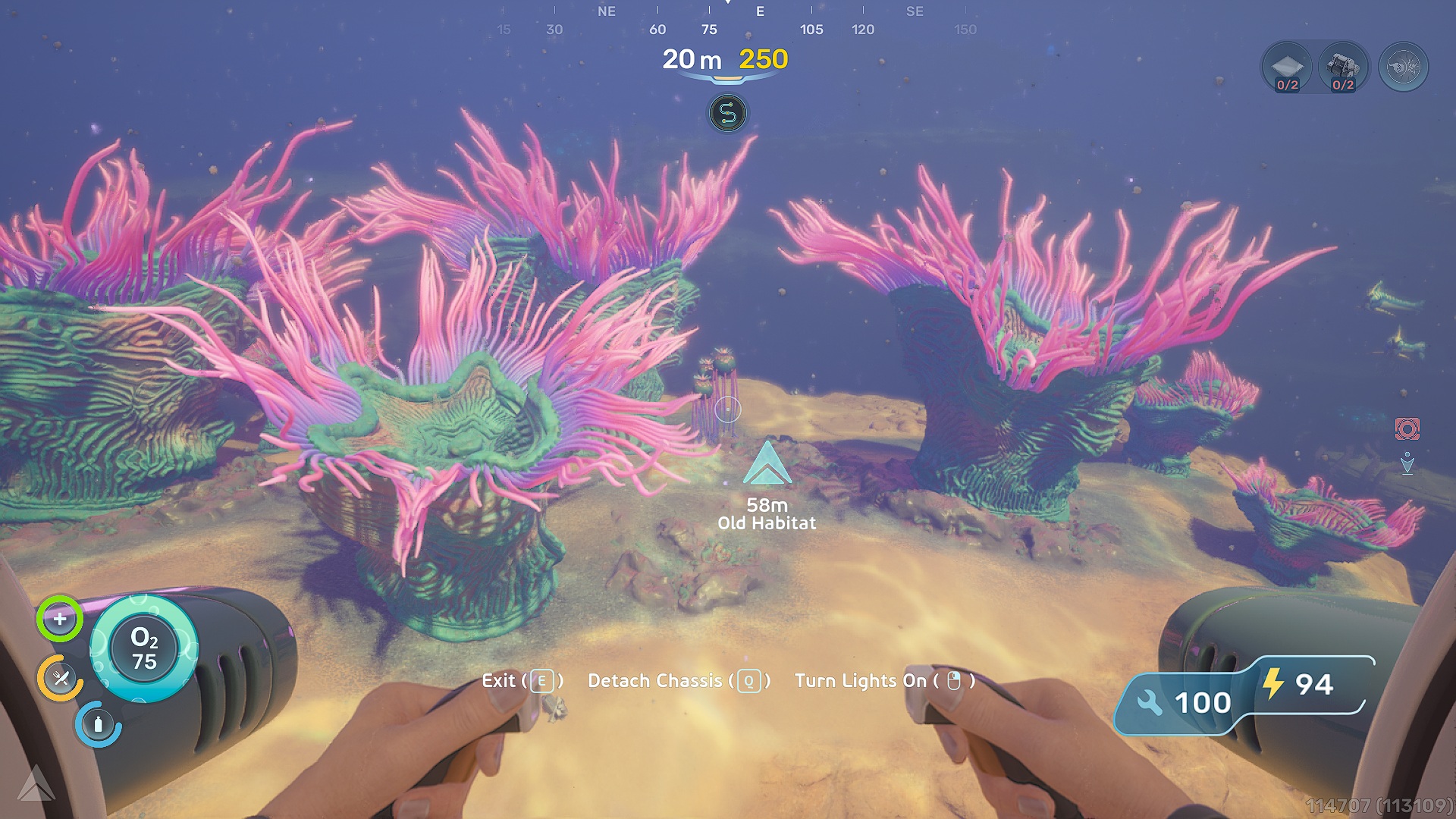 A player navigates an underwater environment in the video game 'Subnautica', with a display showing '58m Old Habitat' among vibrant coral formations.