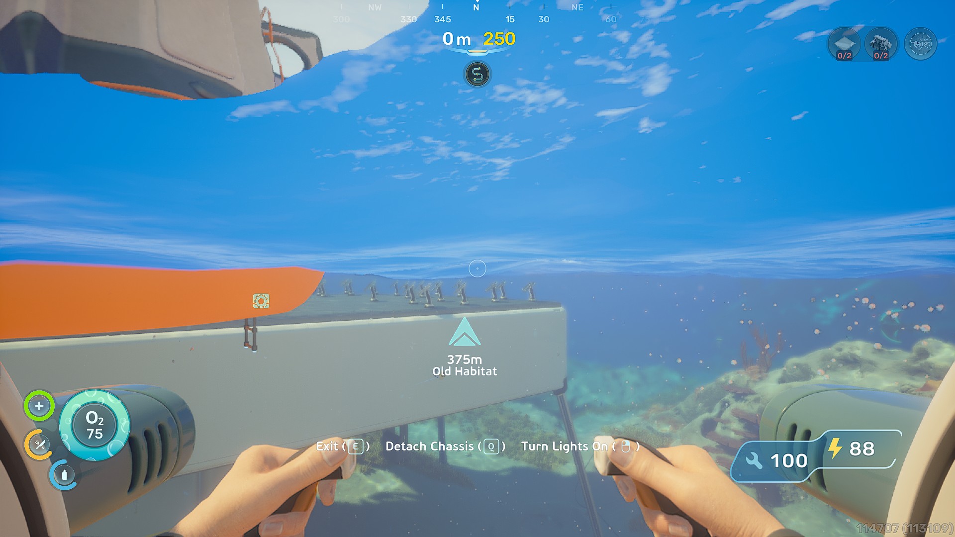 A player in 'Subnautica' pilots an underwater vehicle towards a waypoint labeled '375m Old Habitat,' with interface elements showing oxygen and power levels.