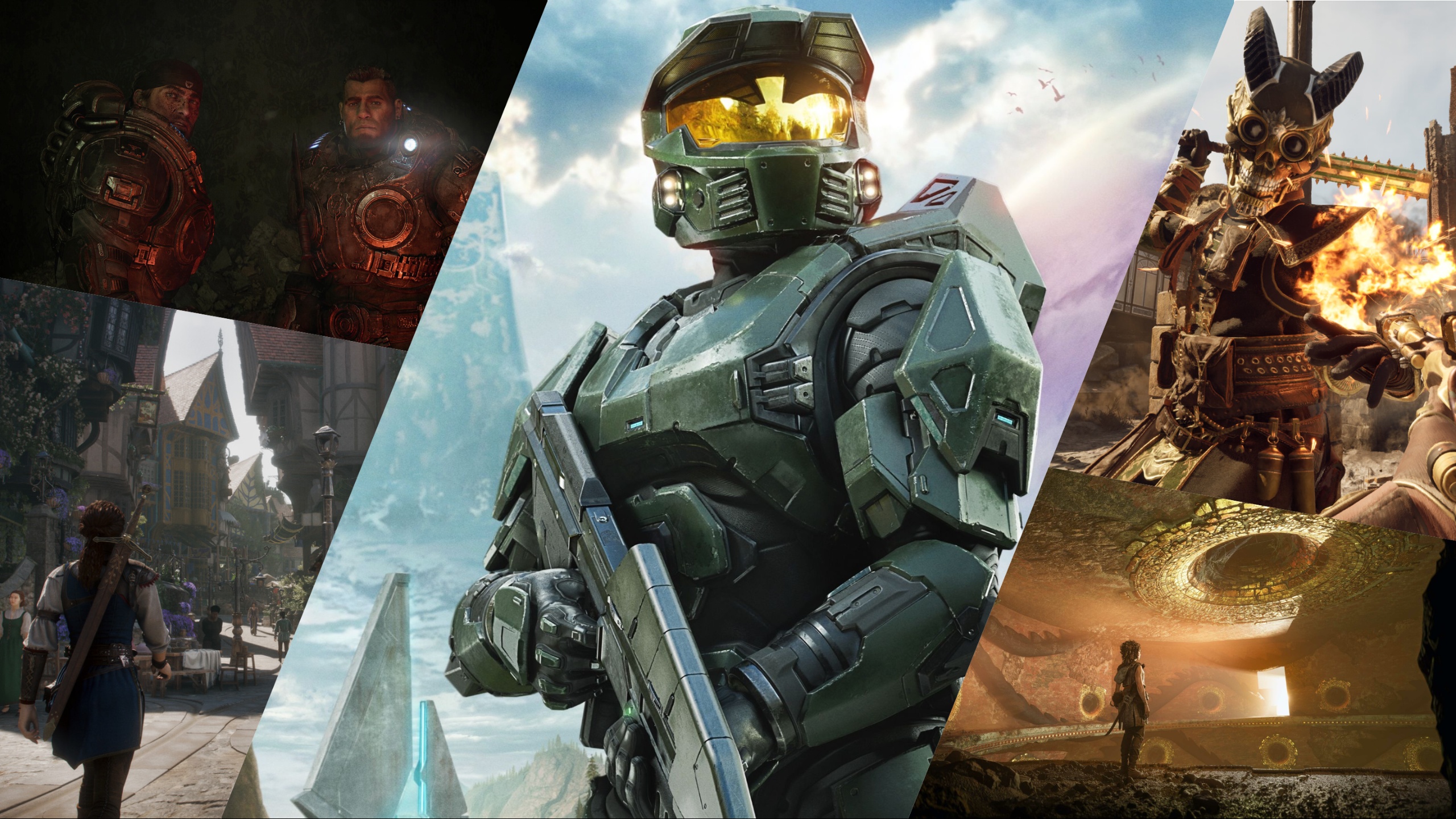 A collage featuring characters from various video games expected to be shown during the Xbox Games Showcase including a soldier in mechanical armor, a fantasy warrior in a medieval village, a futuristic soldier with a helmet, and a mage casting fire.