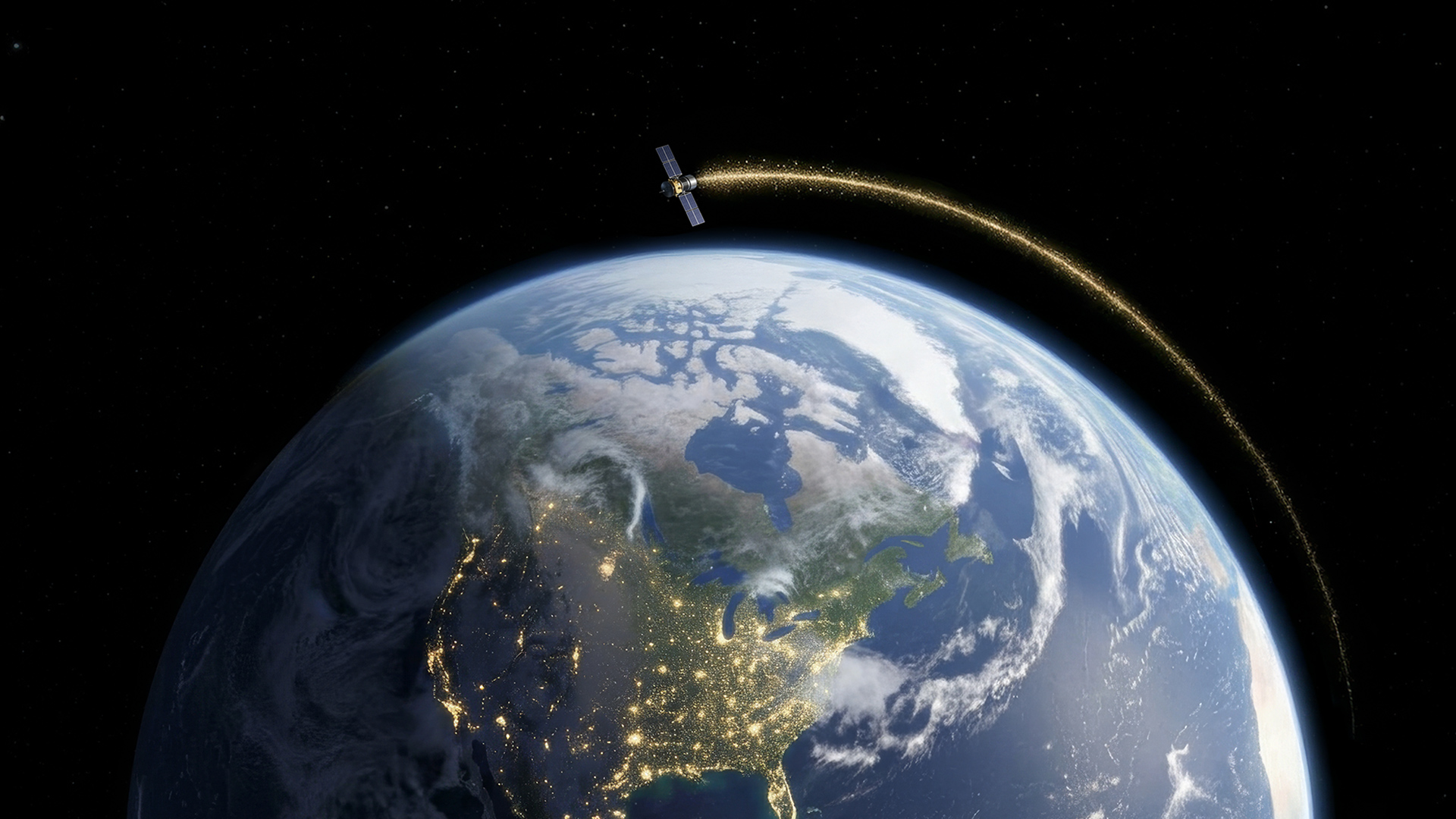 A satellite orbiting Earth above North America, with city lights visible across the continent.