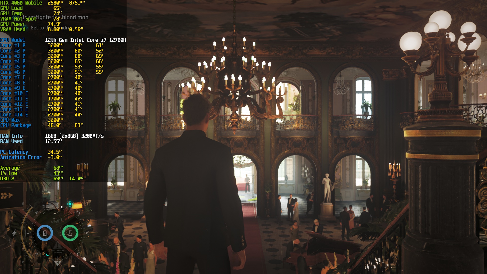 A scene from a game shows a character in an opulent hall with performance metrics for an NVIDIA RTX 4060 Mobile and 12th Gen Intel Core i7-12700H displayed on the left, including 'Average 68 FPS'.