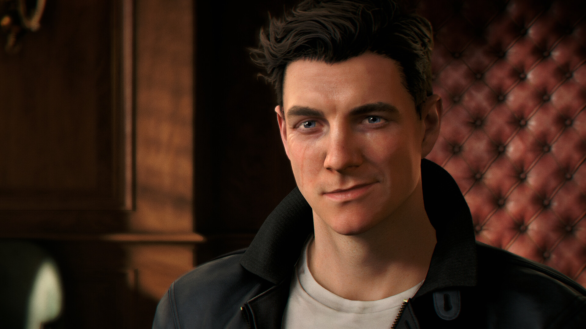 A close-up of a male character in a leather jacket, set against a textured red wall, in a video game environment.
