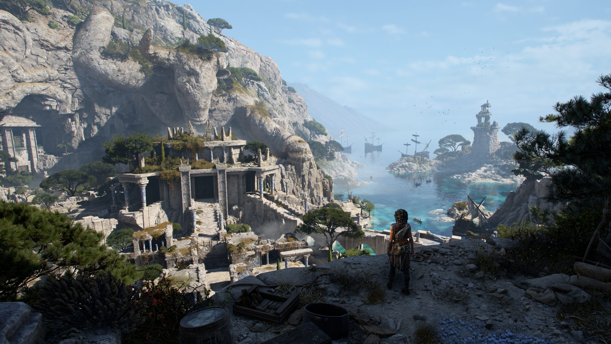 A character in Resonance: A Plague Tale Legacy stands on a cliff overlooking ancient ruins and a scenic coastal landscape with ships in the distance.