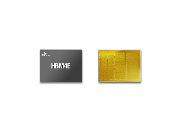 An SK hynix HBM4E memory module next to a close-up view of its microchip architecture.