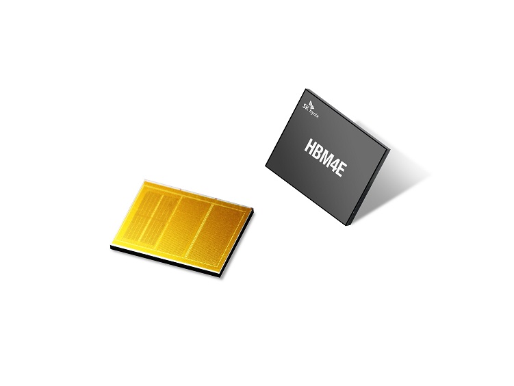 SK Hynix HBM4E memory chips displayed with branding and chip design visible.