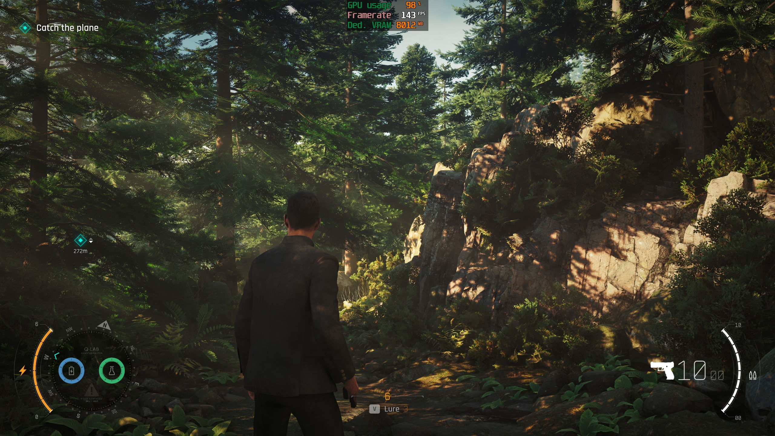 A character in a forest setting in a game, with UI displaying 'Catch the plane' and '272m', and performance metrics showing 'GPU Usage 98%', 'Framerate 143 FPS', and 'Ded. VRAM 8012 MB'.