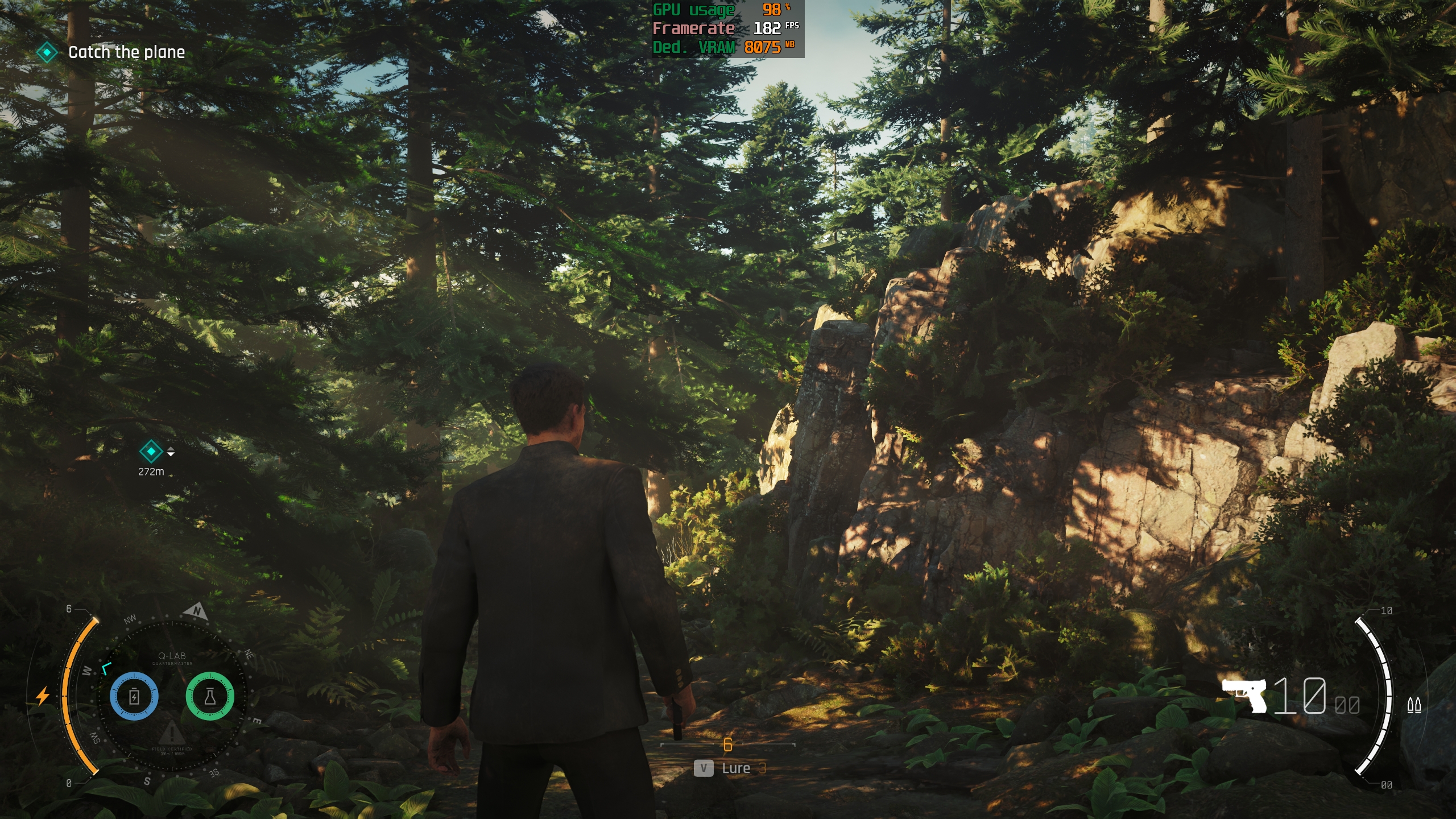 A character in a forest environment in the game Alone in the Dark is tasked to 'Catch the plane,' with a UI showing 'GPU Usage: 98%' and 'Framerate: 182 FPS'.