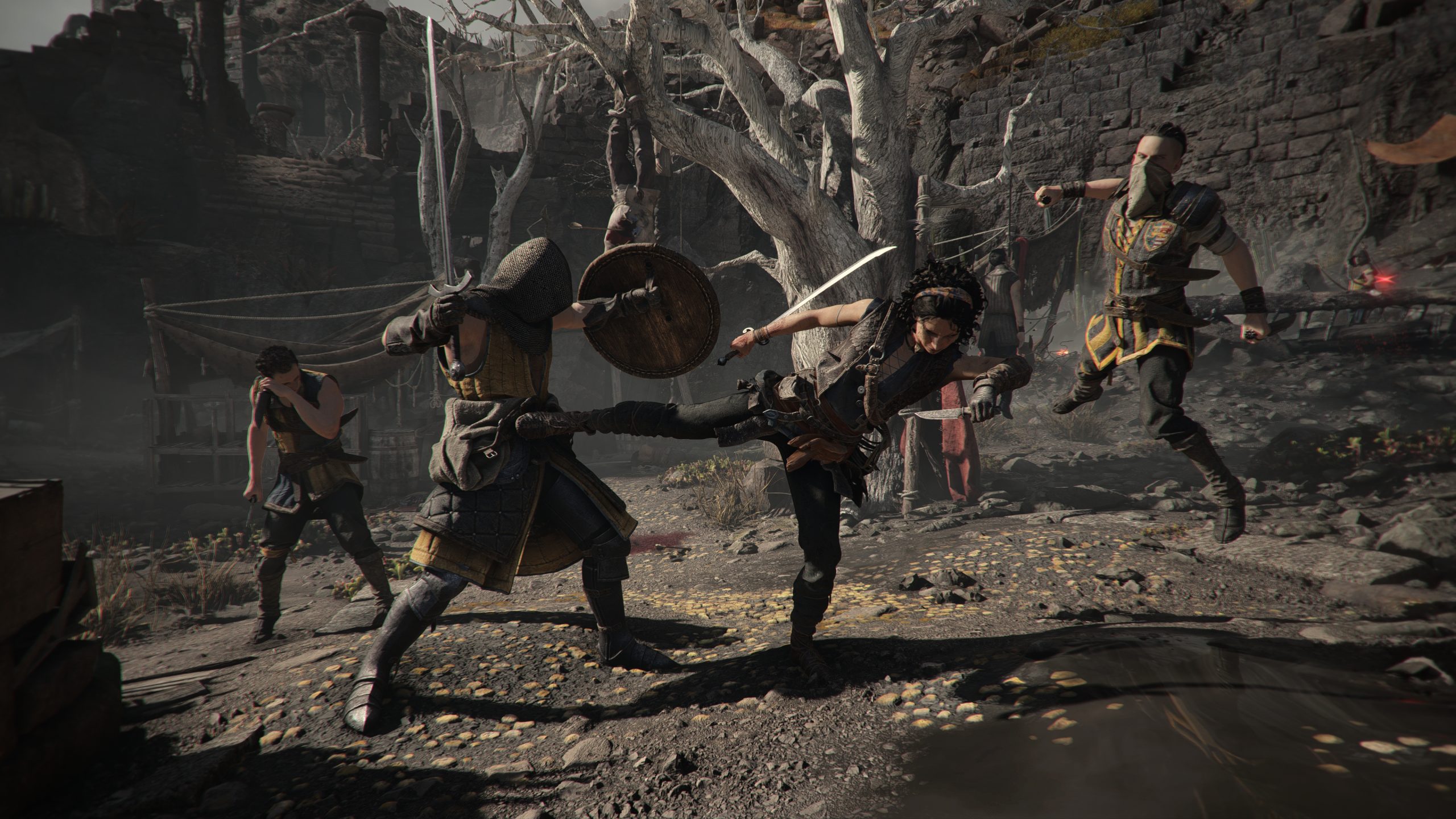 A combat scene from the game Resonance: A Plague Tale Legacy showing a character attacking two armored enemies in a rocky environment.